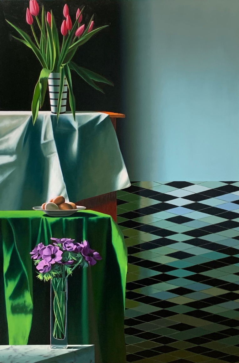 Bruce Cohen Untitled, Interior with Two Tablecloths and Tile Floor, 2023