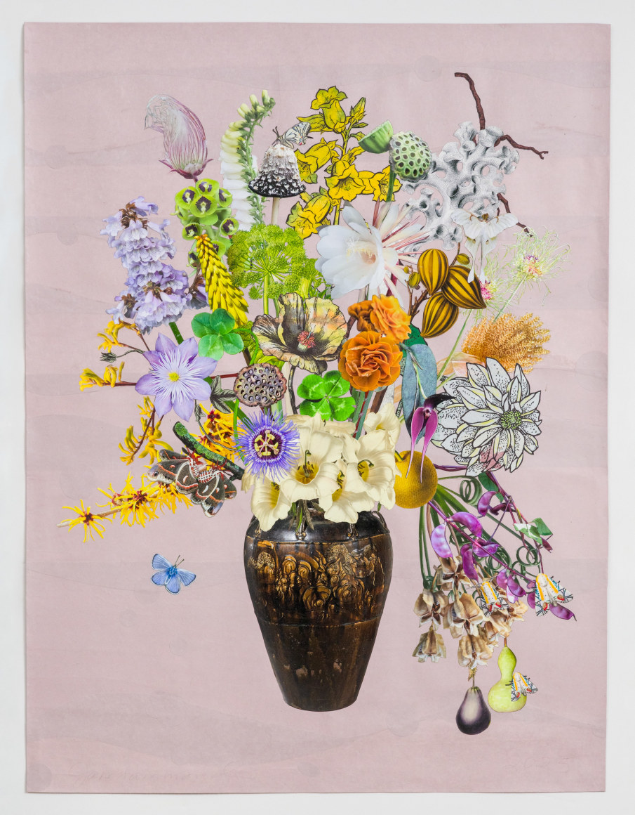 Jane Hammond Martaban Jar with Prairie Smoke, Witch Hazel and Three Picasso Moths, 2025