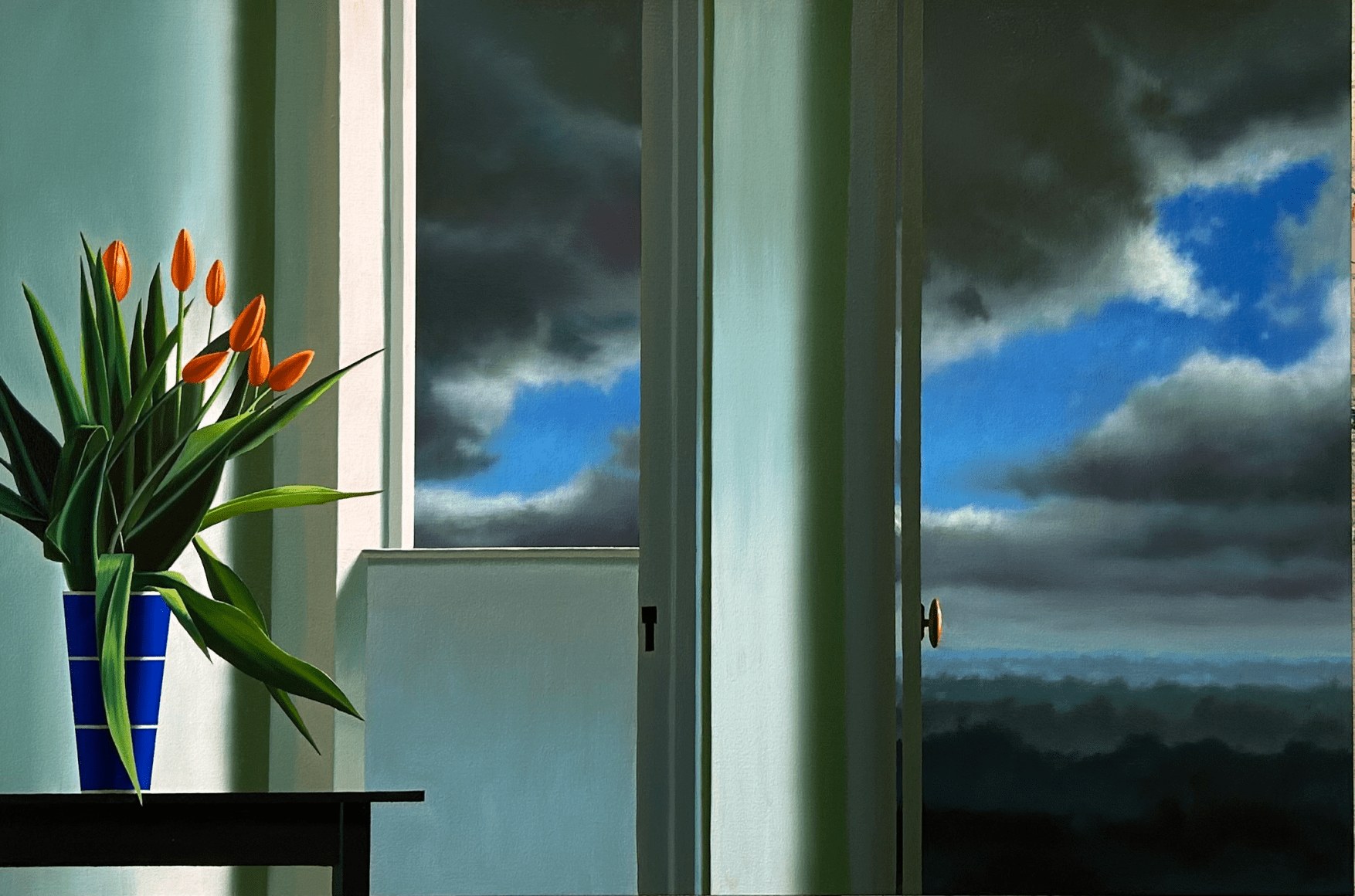 Bruce Cohen Interior with Orange Tulips and Departing Storm, 2024