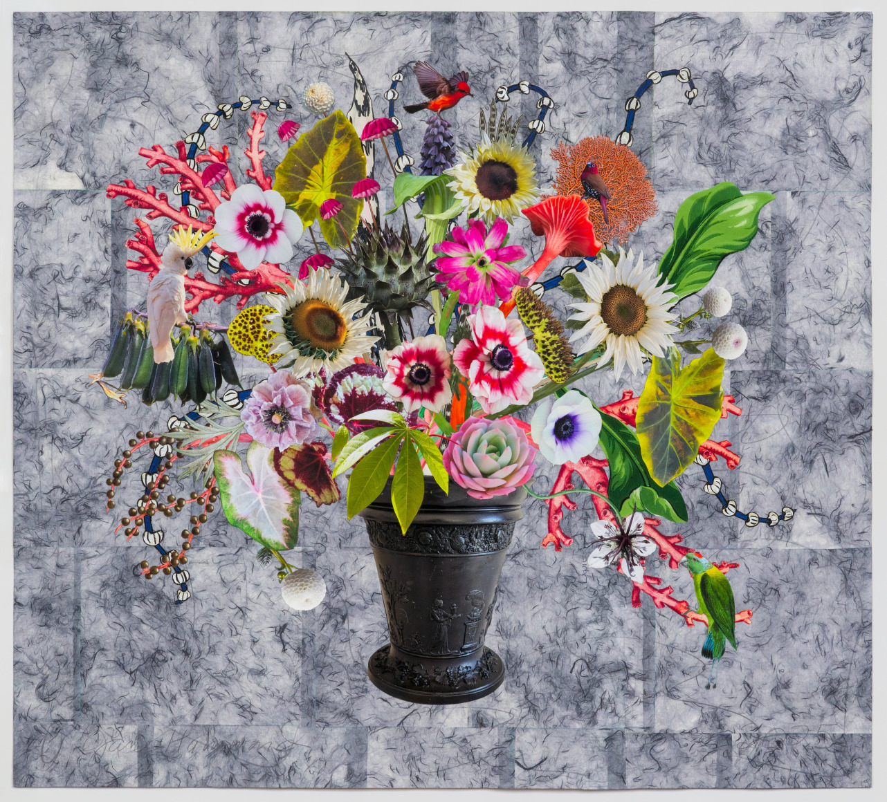 Jane Hammond Wedgewood Jasperware Vase with Rosy Parachutes, Nigella and Sulphur-Crested Cockatoo, 2025