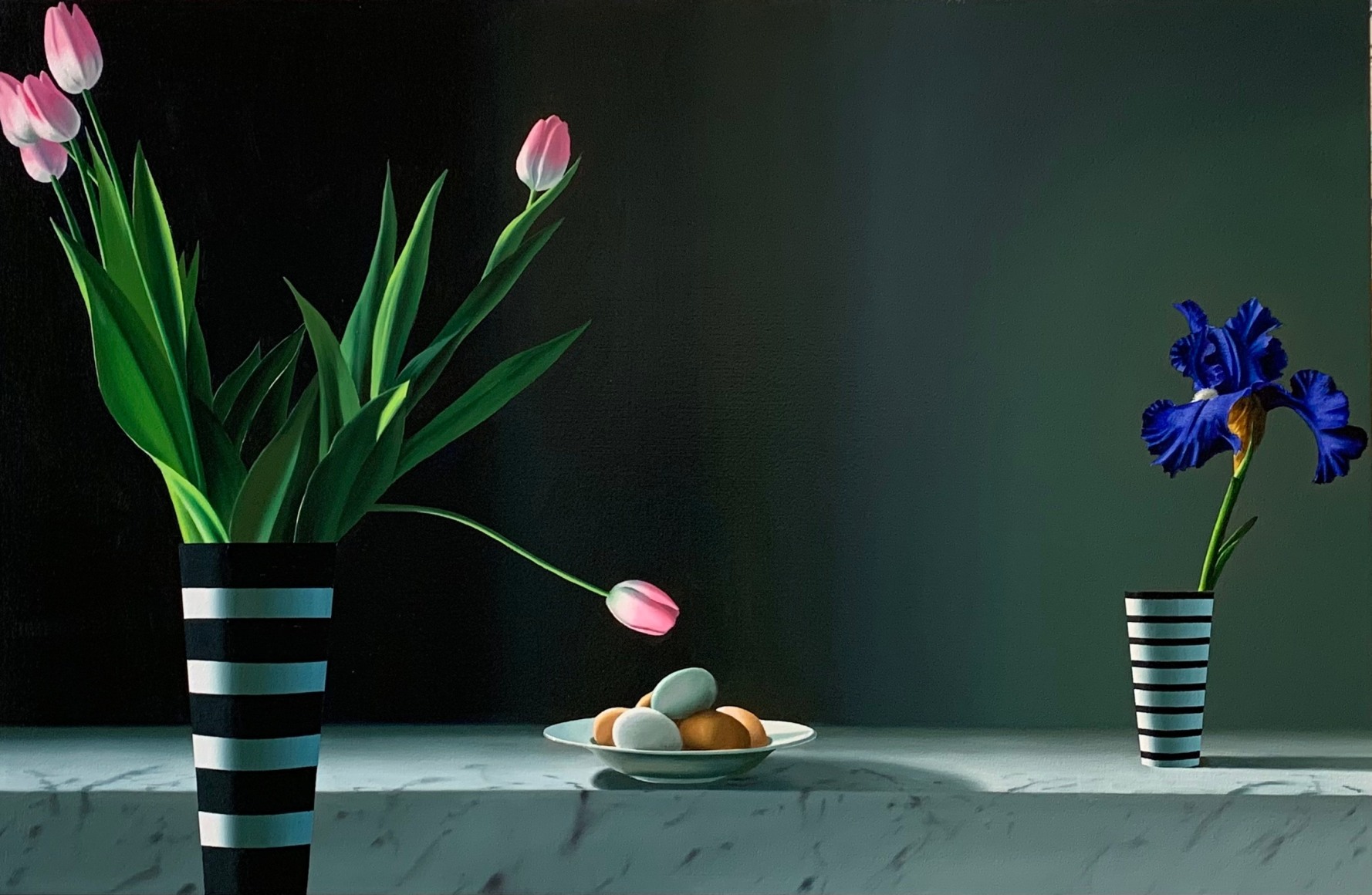 Bruce Cohen Still Life with Pink Tulips, Eggs and Bearded Iris, 2023