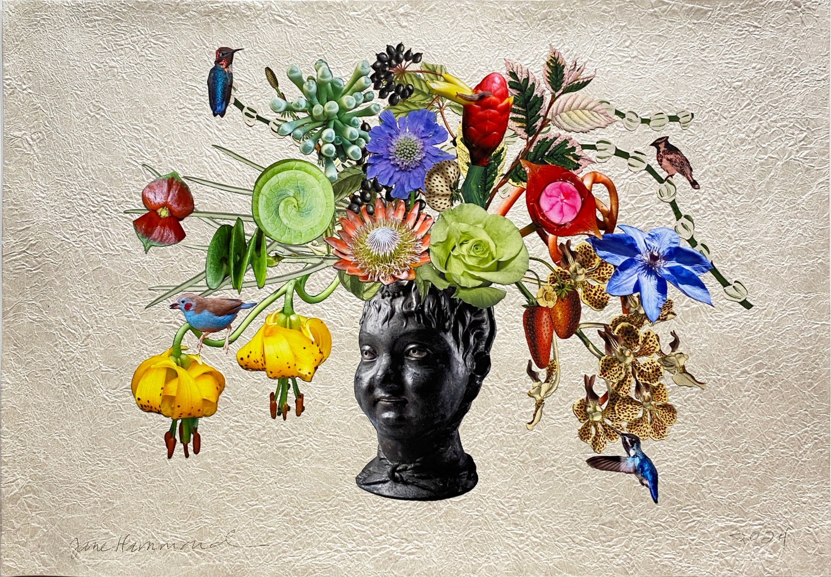 Jane Hammond Roman Head with Strawberries, Scabiosa and Red-Cheeked Cordon Bleu, 2024
