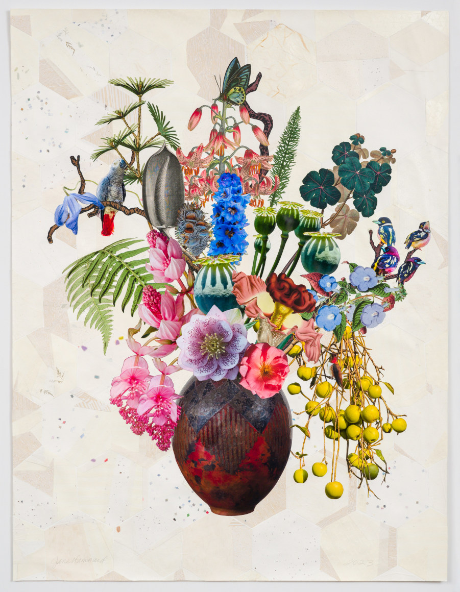 Jane Hammond French Deco Vase with Elephant-Foot Yam, Medinilla Magnifica and Four Black-and-Yellow Broadbills, 2023