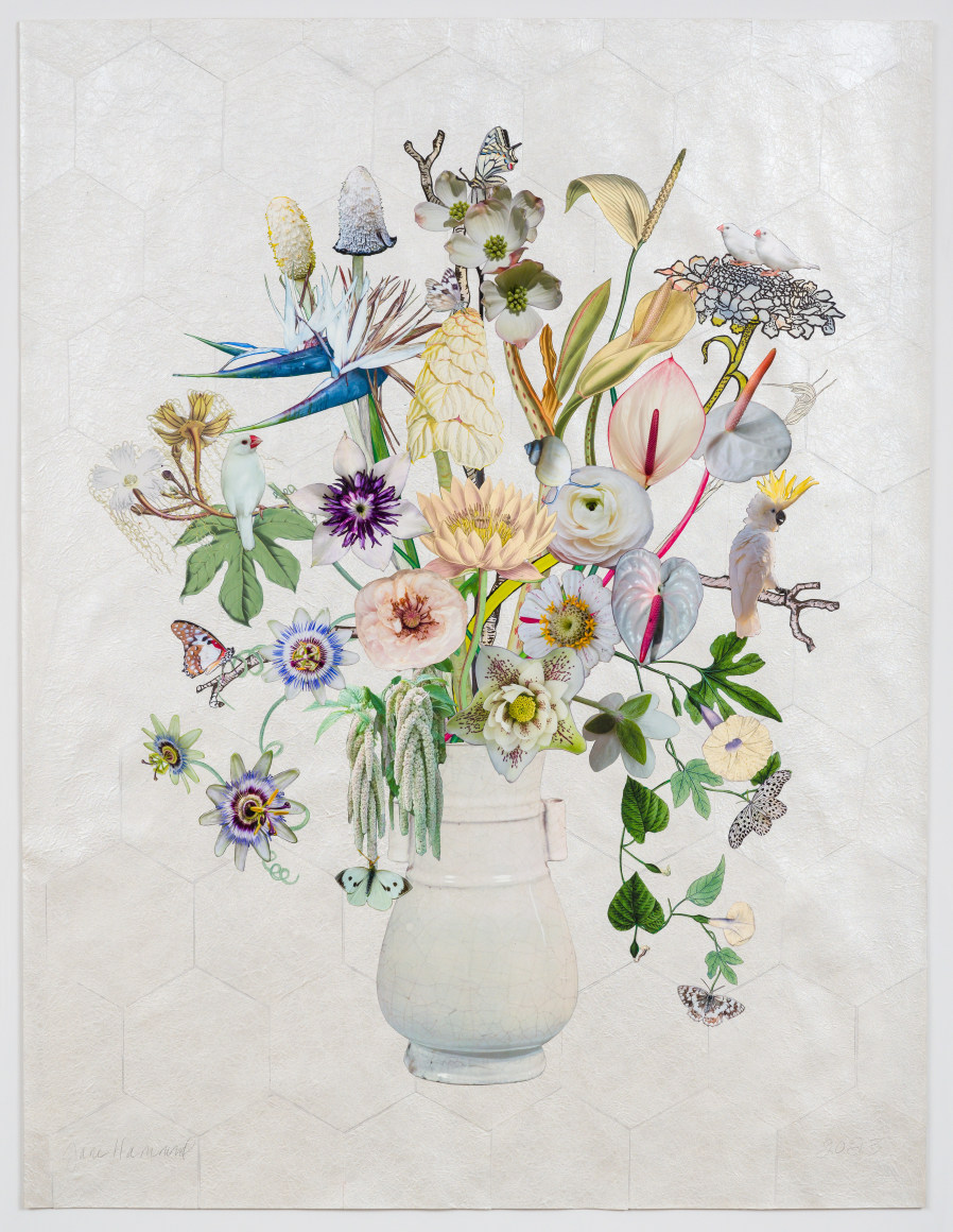 Jane Hammond Hu Vase w­­ith Passion Flowers, ­Shaggy Ink Caps and Cockatoo, 2023