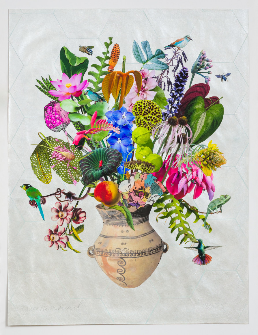 Jane Hammond Neolithic Painted Vessel with Fishbone Cactus, Echinacea and Two Blue-Banded Bees, 2025