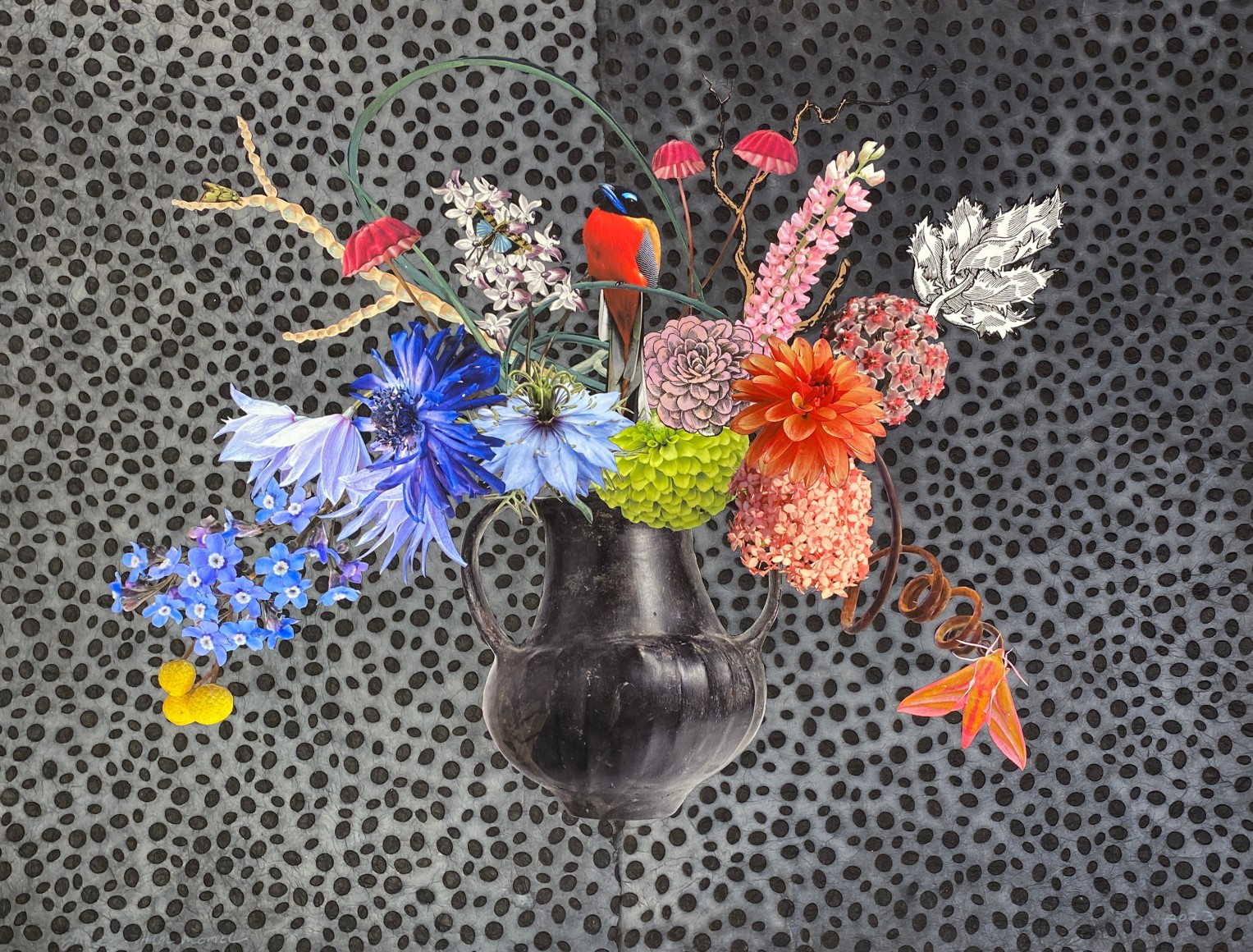 Jane Hammond Etruscan Bucchero Amphora with Rosy Parachutes, Elephant Hawk Moth and Trogon, 2023