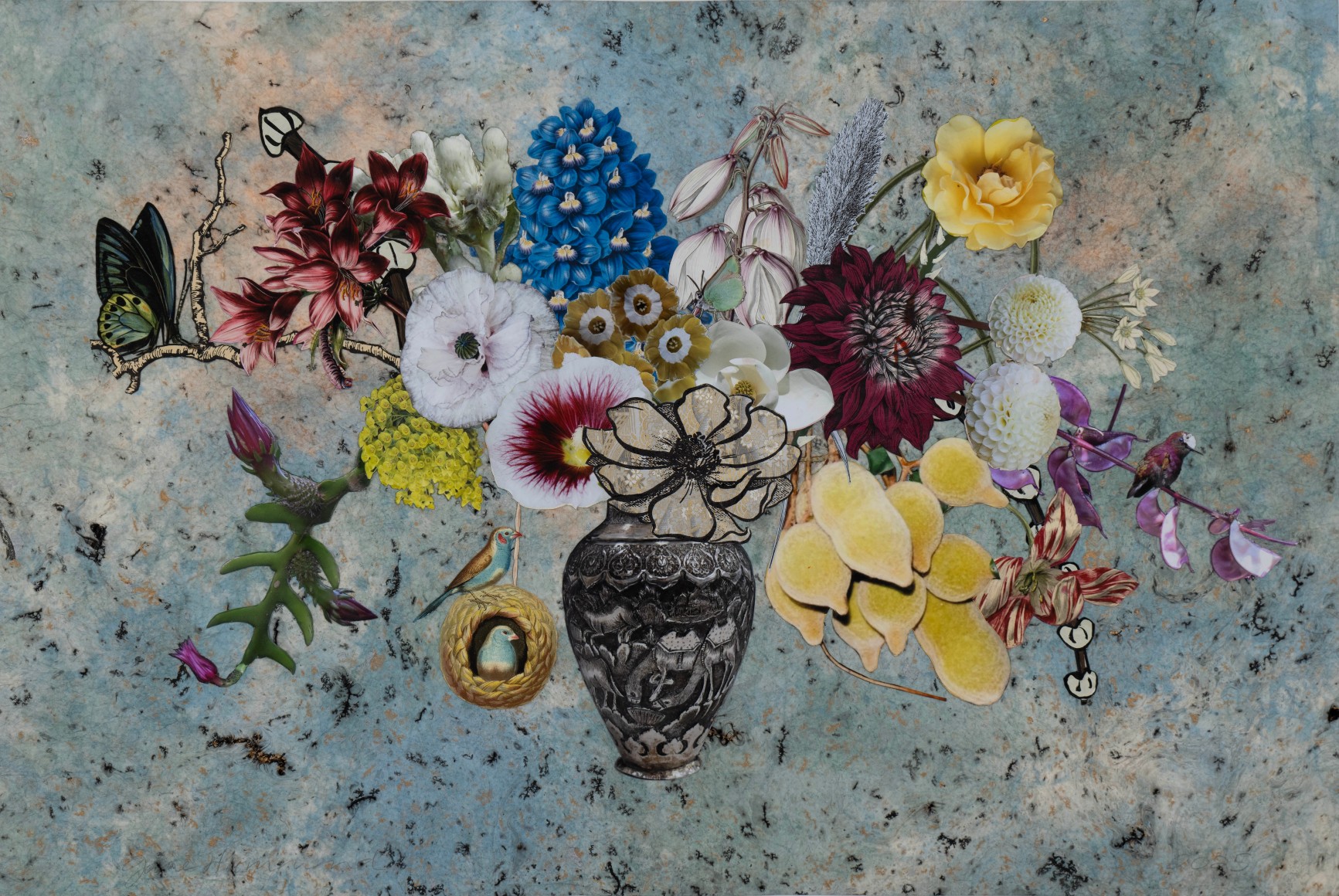 Jane Hammond Turkish Silver Vase with Bramble Hairstreak, Primrose and Spanish Dagger, 2025