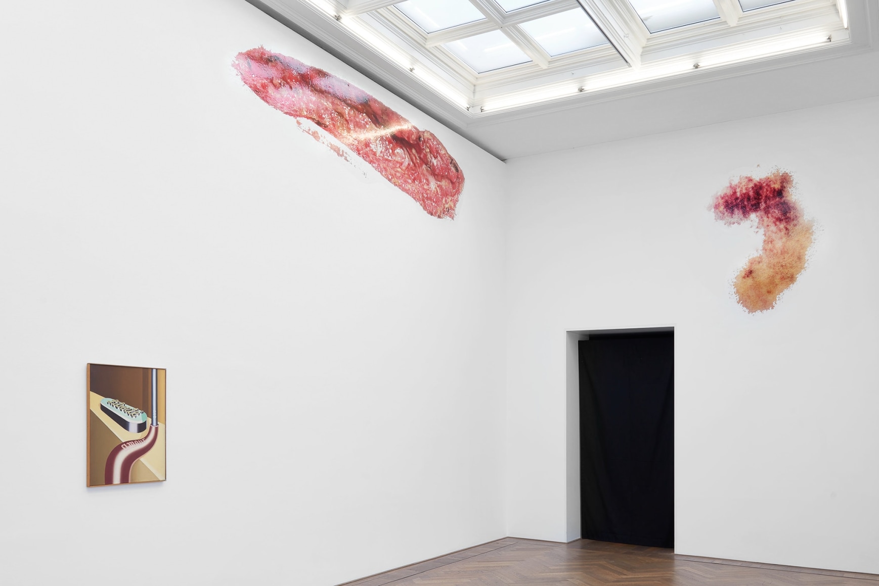 Installation view, Bizarre Silks, Private Imaginings and Narrative Facts, etc., an exhibition by Nick Mauss, view on (f.l.t.r.) Konrad Klapheck, Liberté, amour, art, 1964; Georgia Sagri, Open Wound, 2018; Georgia Sagri, Fresh Bruise, 2018, Kunsthalle Basel, 2020. Photo: Philipp Hänger / Kunsthalle Basel