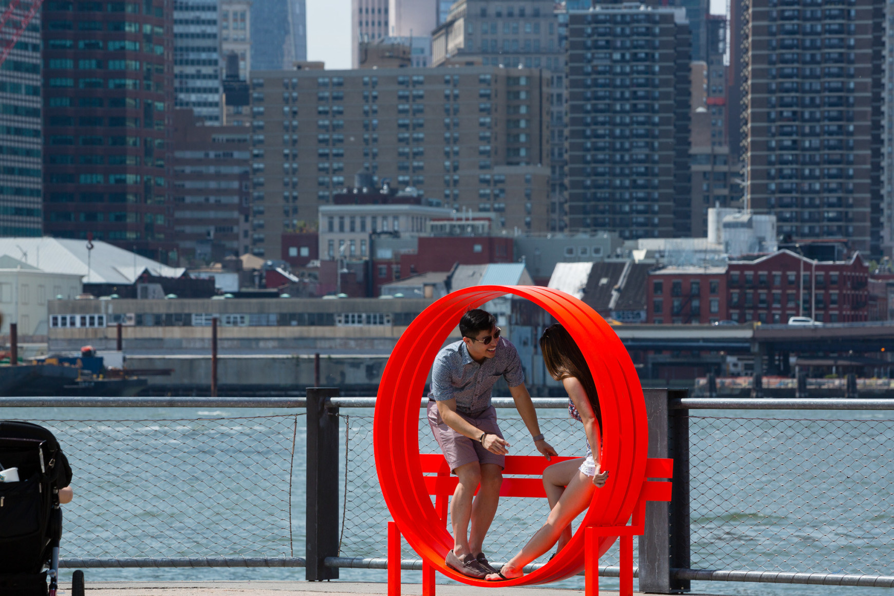 Jeppe Hein, Modified Social Bench NY #5, 2015, Installation view: Please Touch The Art. Brooklyn Bridge Park, 2015-16
