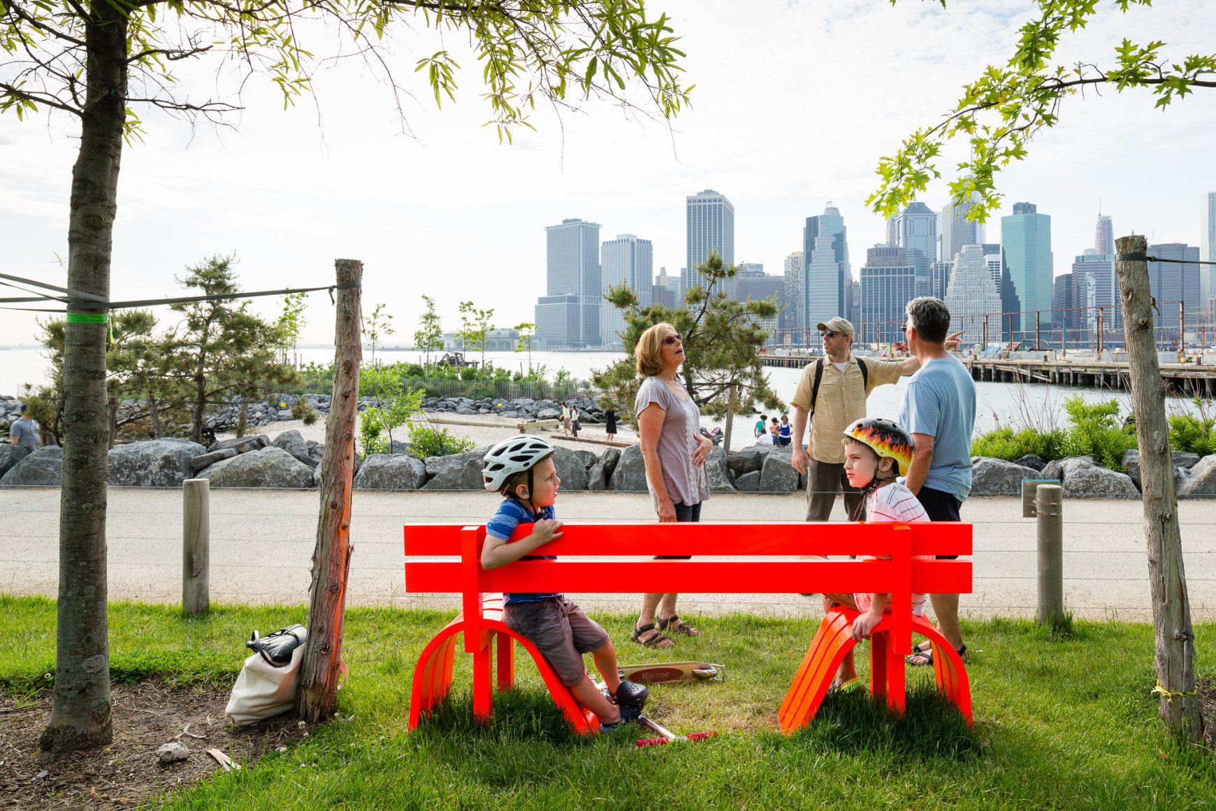 Jeppe Hein, Modified Social Bench NY #16, 2015, Installation view: Please Touch The Art. Brooklyn Bridge Park, 2015-16