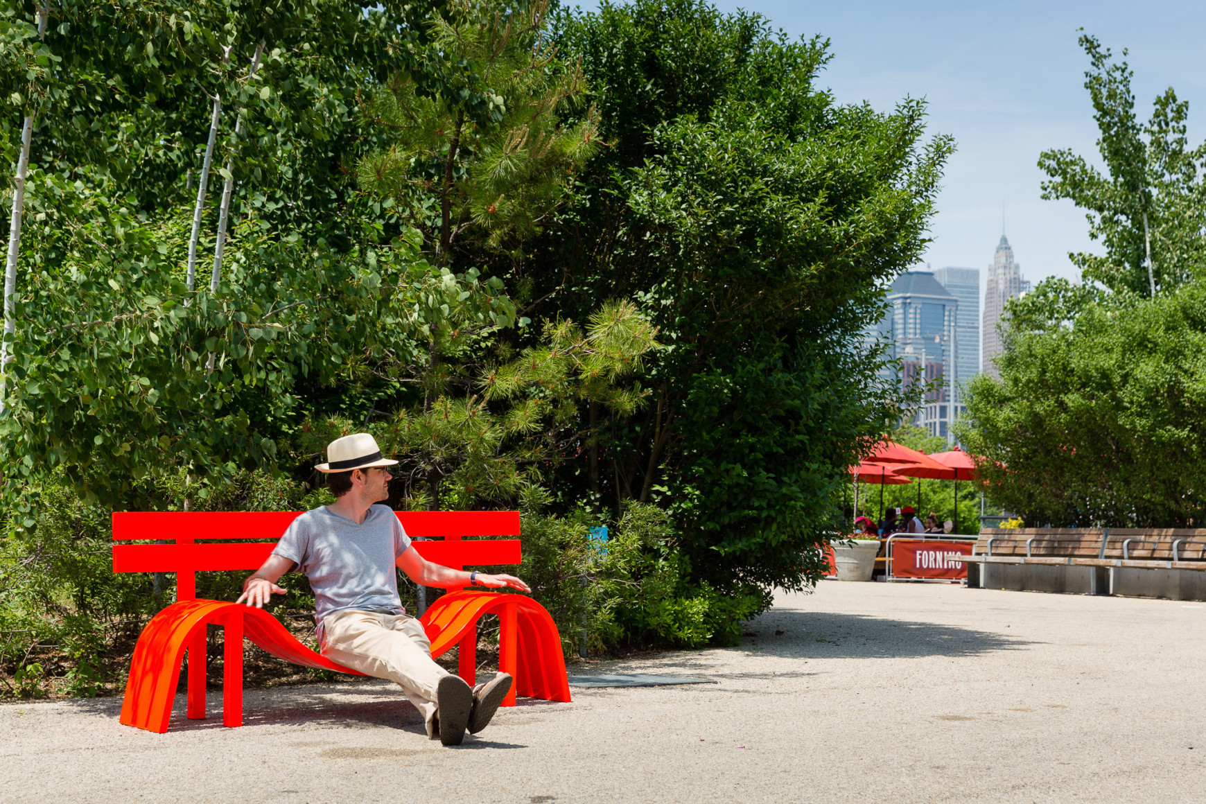 Jeppe Hein, Modified Social Bench NY #13, 2015, Installation view: Please Touch The Art. Brooklyn Bridge Park, 2015-16