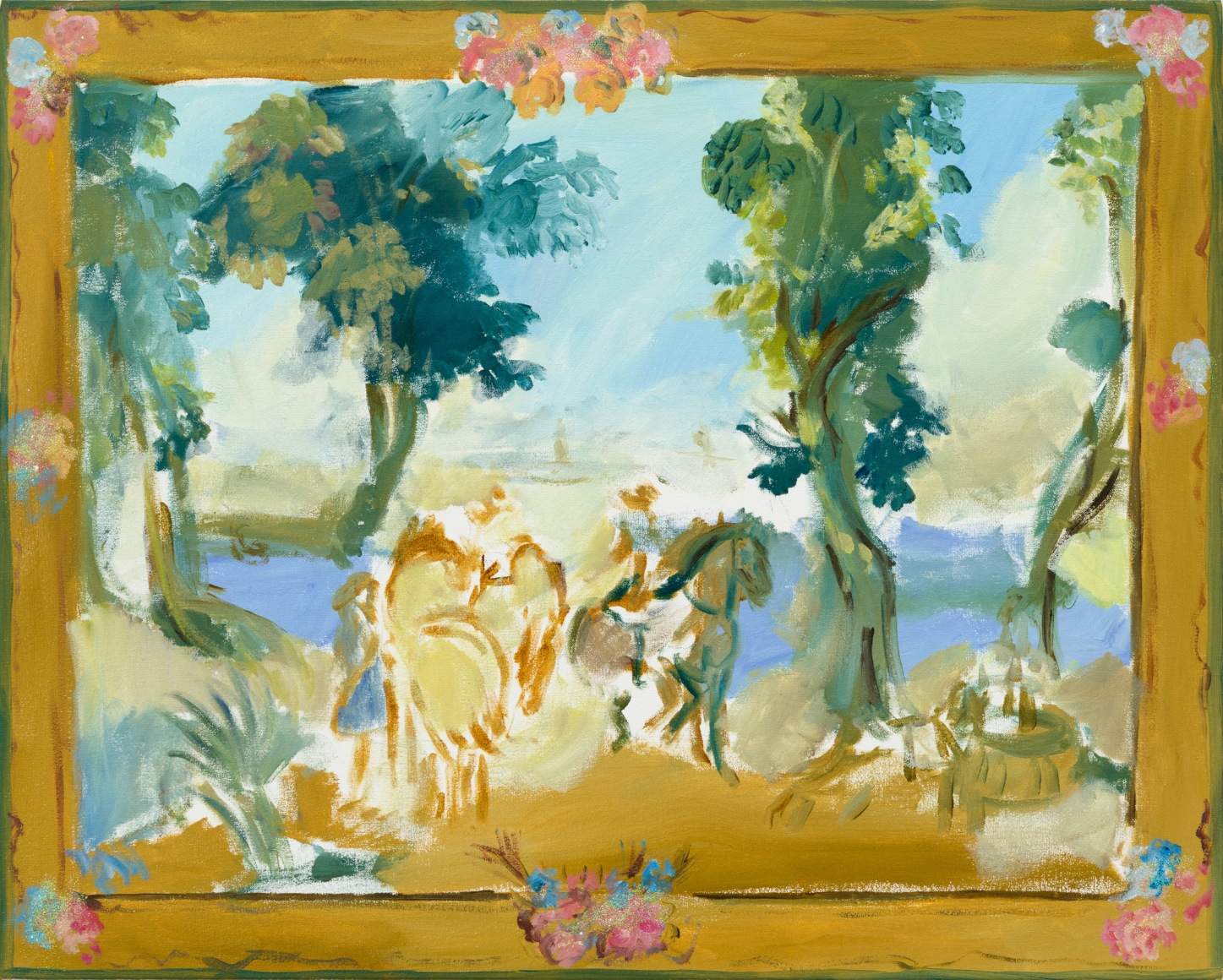 Karen Kilimnik, a sketchy start - "going off to the battle" tapestry, 2015