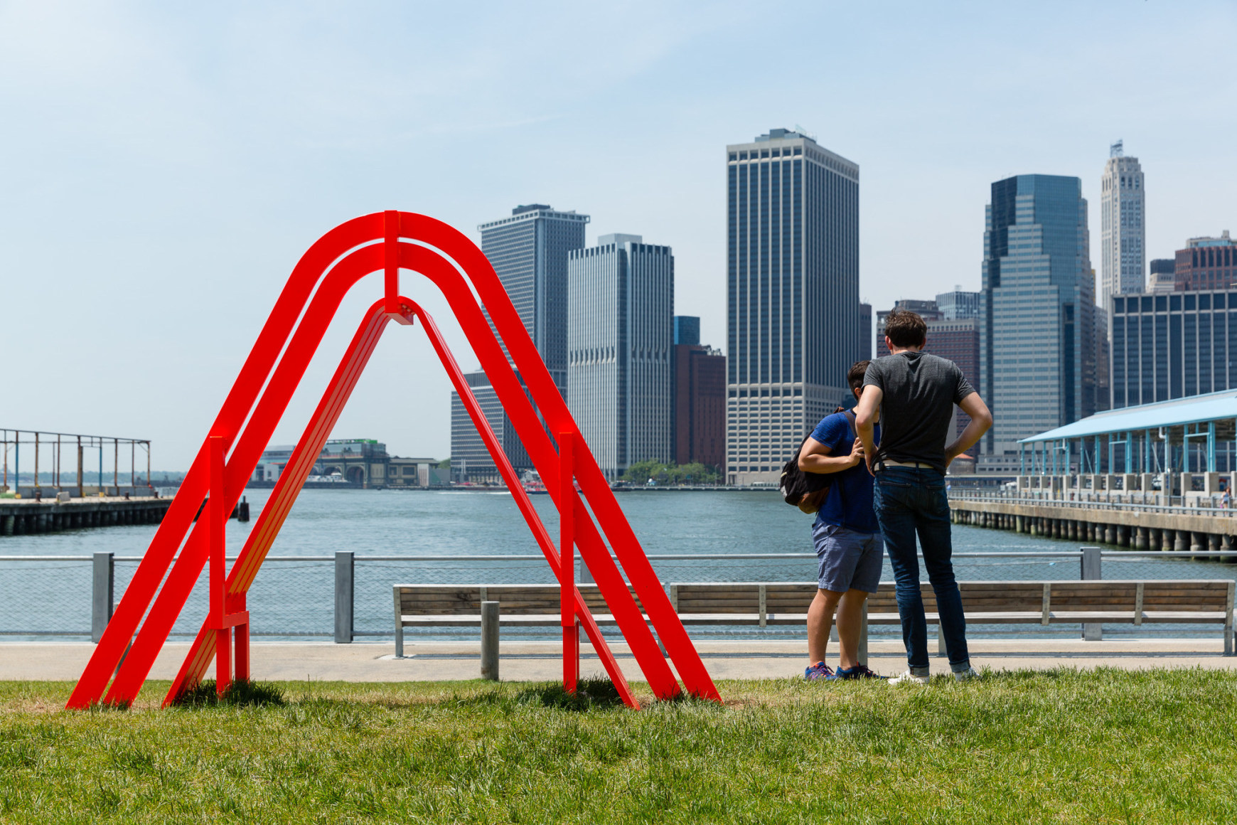 Jeppe Hein, Modified Social Bench NY #3, 2015, Installation view: Please Touch The Art. Brooklyn Bridge Park, 2015-16