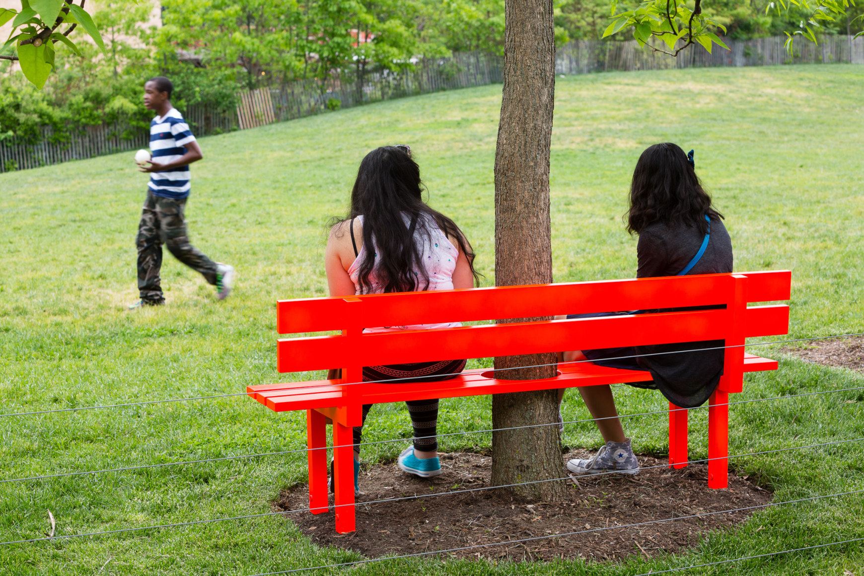Jeppe Hein, Modified Social Bench NY #9, 2015, Installation view: Please Touch The Art. Brooklyn Bridge Park, 2015-16
