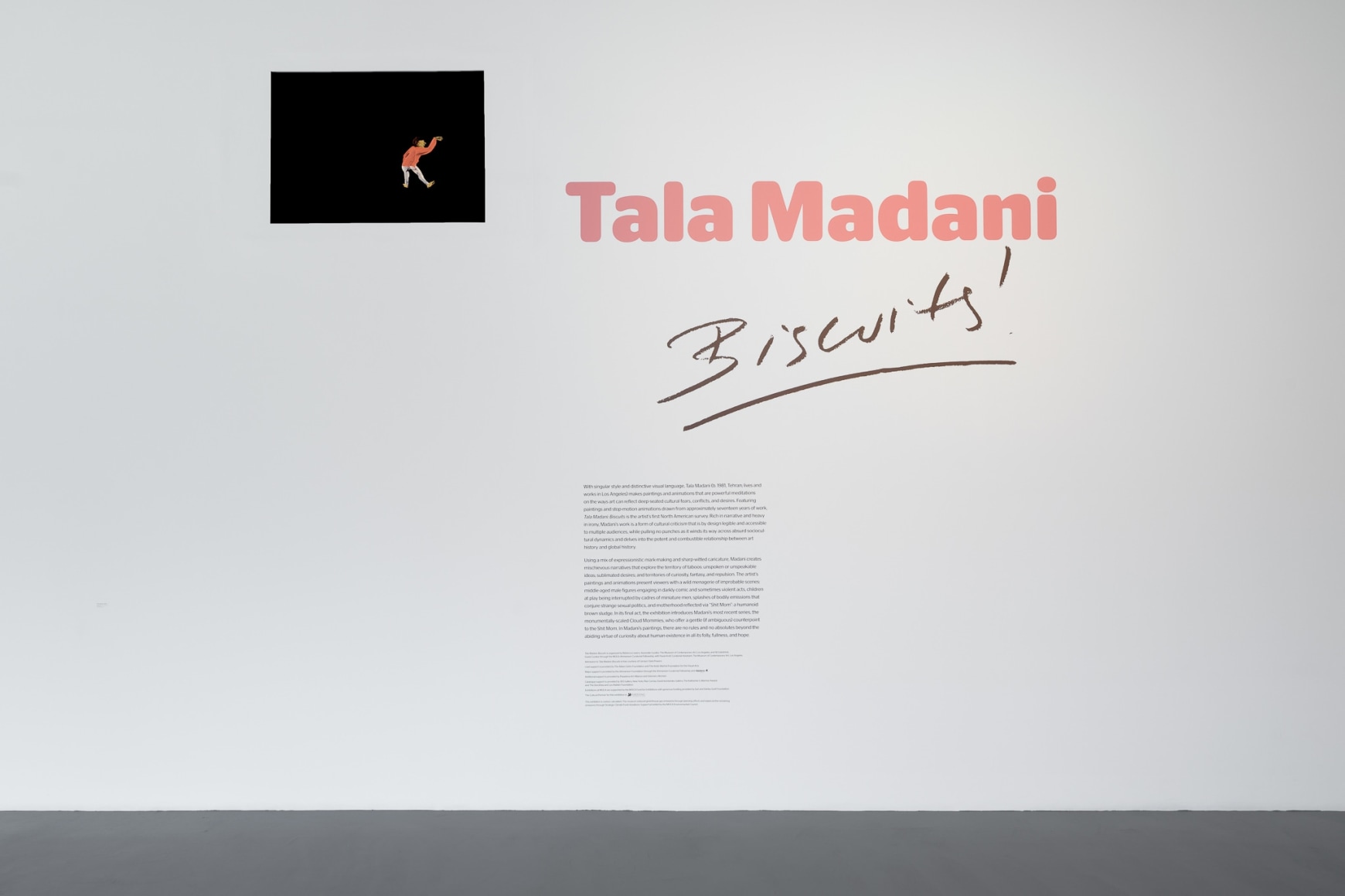 Installation view of Tala Madani: Biscuits, September 10 , 2022 – February 19 , 2023 at The Geffen Contemporary at MOCA. Courtesy of The Museum of Contemporary Art (MOCA). Photo by Jeff McLane.