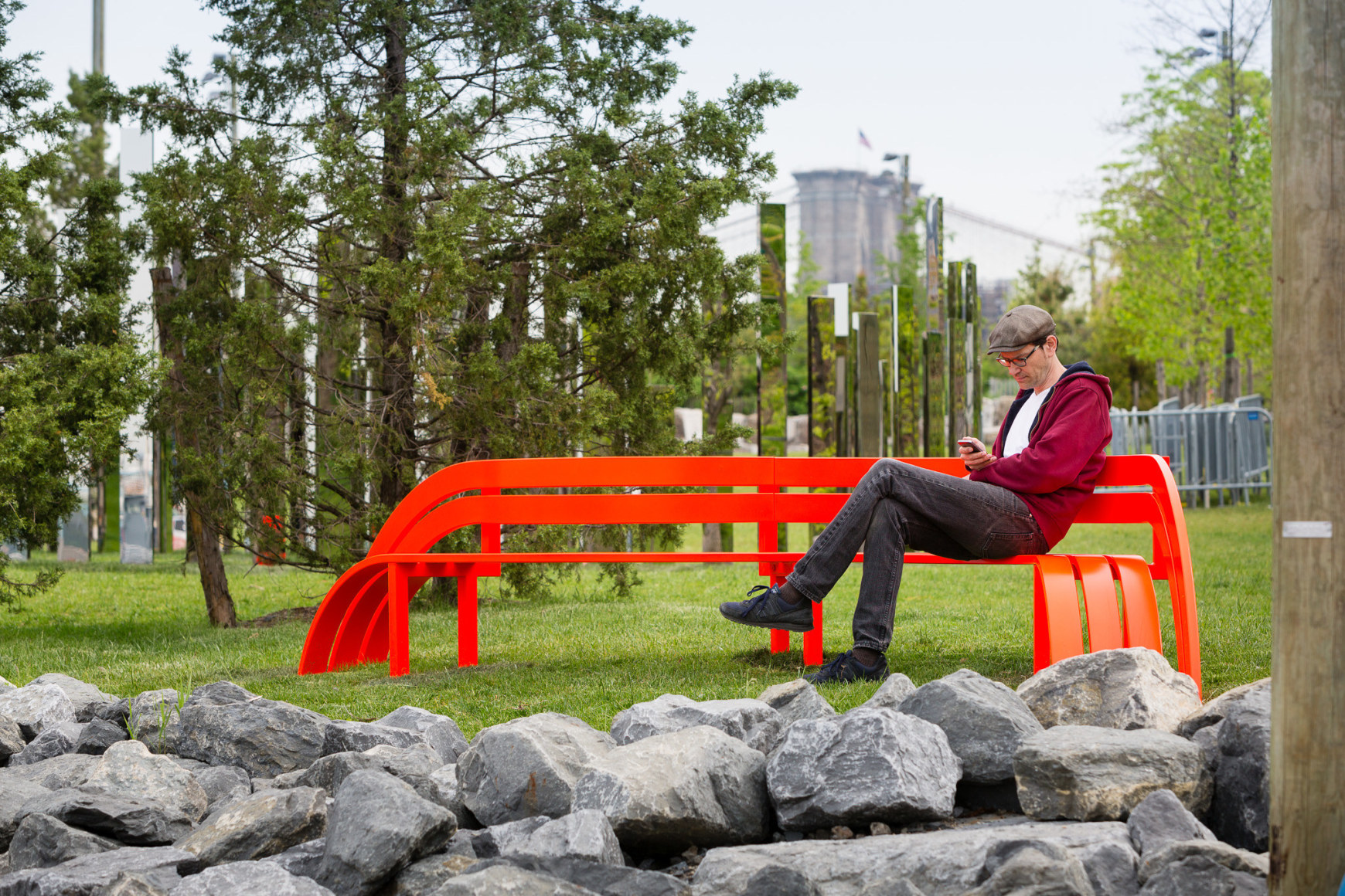 Jeppe Hein, Modified Social Bench NY #8, 2015, Installation view: Please Touch The Art. Brooklyn Bridge Park, 2015-16