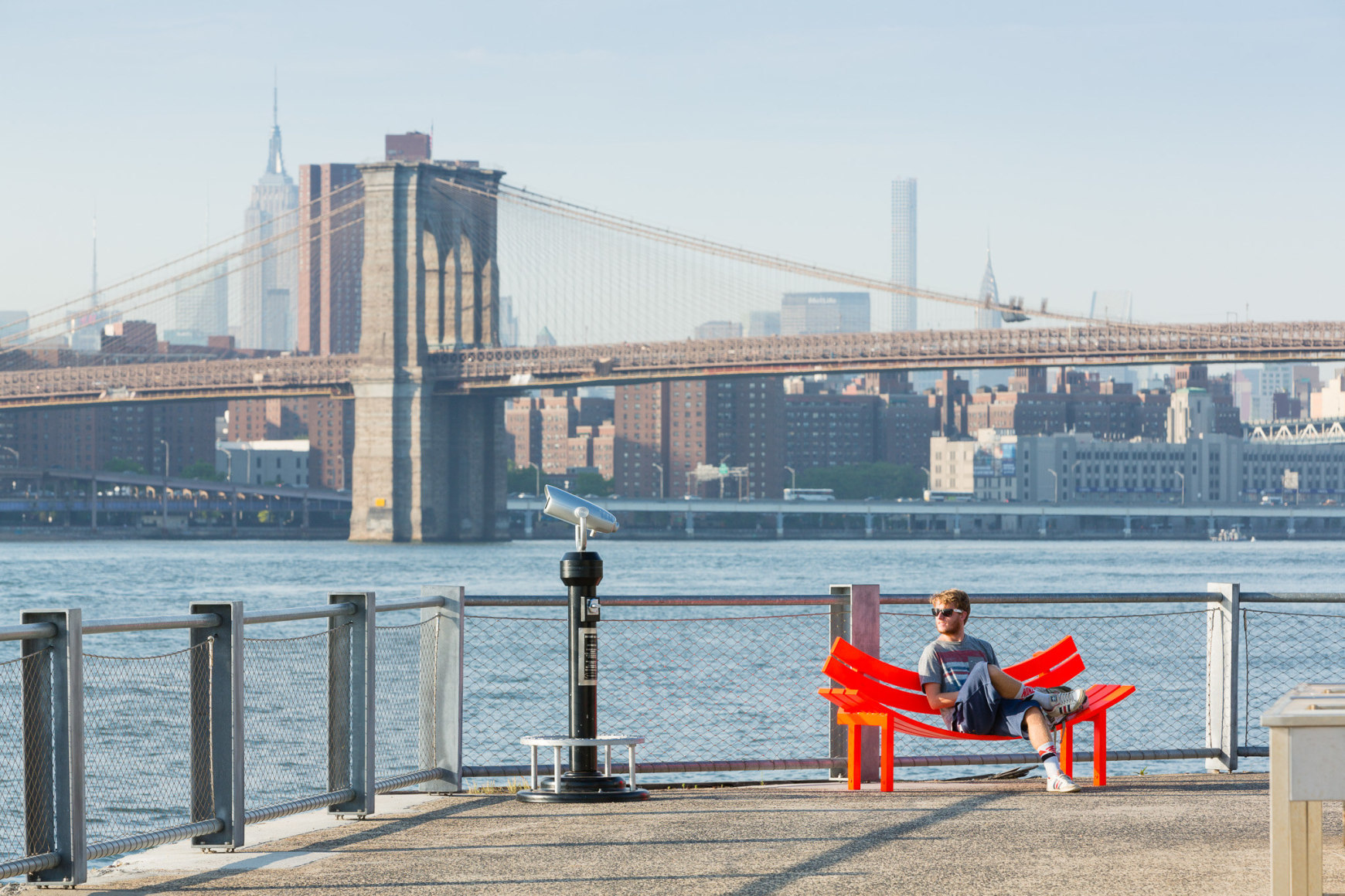 Jeppe Hein, Modified Social Bench NY #11, 2015, Installation view: Please Touch The Art. Brooklyn Bridge Park, 2015-16