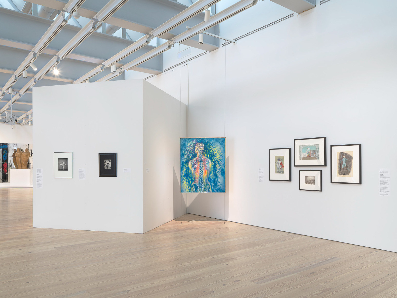 Installation view of Nick Mauss: Transmissions, Whitney Museum of American Art, New York, 3/16 - 5/14/2018, Left to right: Nick Mauss, Images in Mind, 2018; George Platt Lynes, Dancer Jacques D’Amboise in a costume designed by Paul Cadmus for Filling Station, choreographed by Lew Christensen for Ballet Caravan, 1938; George Platt Lynes, Cabaret Performer James Leslie Daniels, c. 1937; Pavel Tchelitchew, Anatomical Painting, 1946; Pavel Tchelitchew, Costume designs for Variations on Euclid, (premiered as Expanding Universe), choreographed by Ruth Page for XX, c. 1946-48; Pavel Tchelitchew, Set design by Pavel Tchetlichew for Nobilissima Visione (also known as St. Francis), choreographed by Leonide Massine for Ballets Russe de Monte Carlo, c. 1938; Pavel Tchelitchew, Window display for shoes after set design by Pavel Tchelitchew for Nobilissima Visione (also known as St. Francis); Pavel Tchelitchew, Costume design for Variations on Euclid, choreographed by Ruth Page for XX, c. 1932. Photograph by Ron Amstutz. Digital image © Whitney Museum of American Art, New York