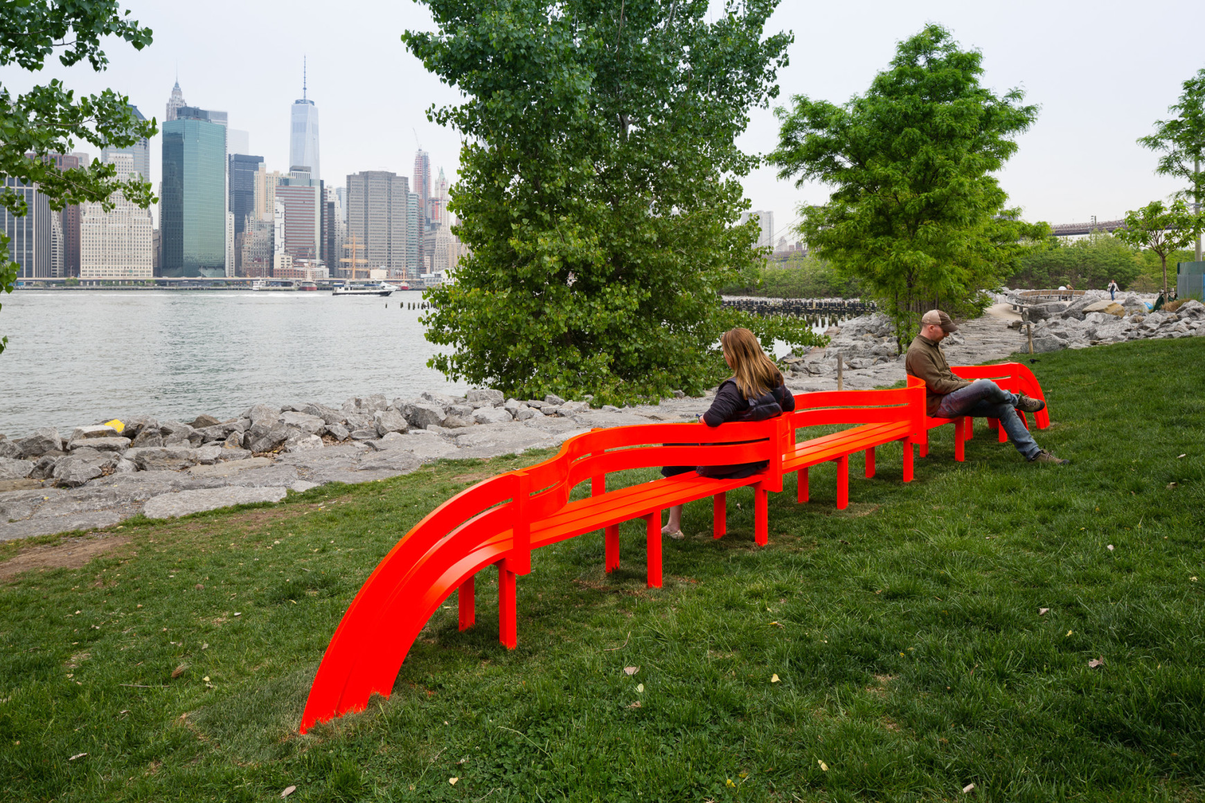 Jeppe Hein, Modified Social Bench NY #12, 2015, Installation view: Please Touch The Art. Brooklyn Bridge Park, 2015-16