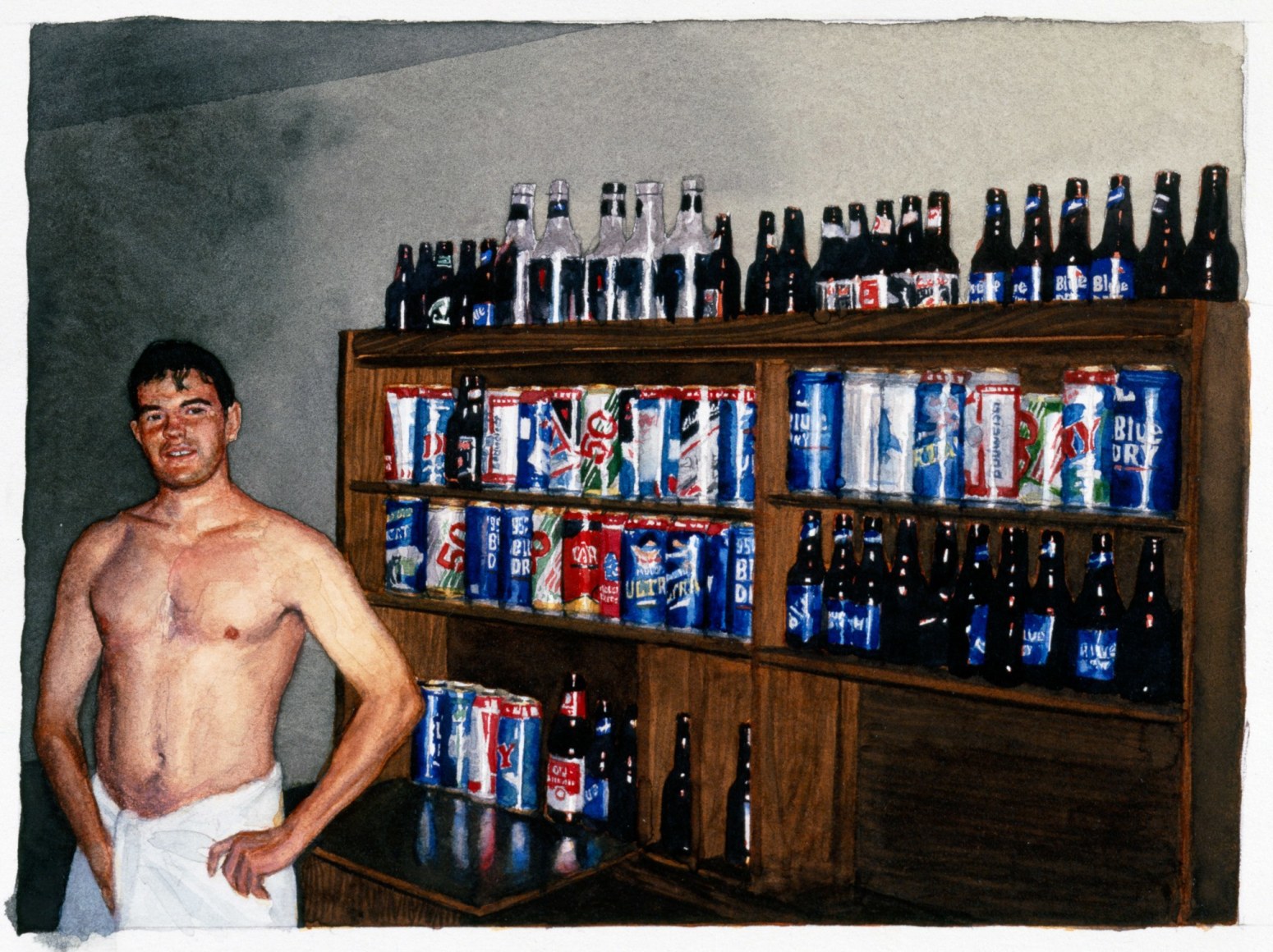 Tim Gardner, Untitled (Nick in Towel with Cans & Bottle, Montreal), 2000