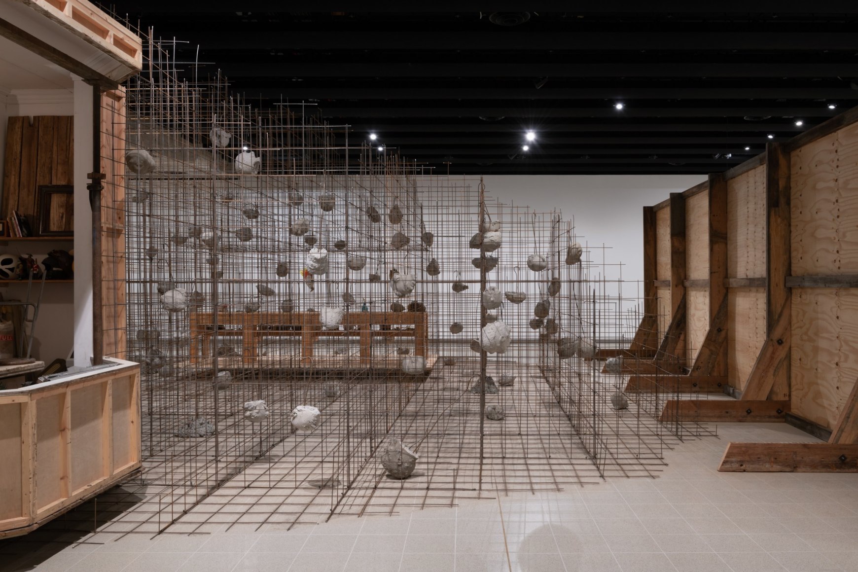 Installation view of Mike Nelson, Studio Apparatus for Kunsthalle Münster - A Thematic Instalment Observing the Calendrical Celebration of its Inception: Introduction; towards a linear understanding of notoriety, power, and their interconnectedness; futurobjecs (misspelt);mysterious island* *see introduction or Barothic shift, 2014. Various materials. Photo: Matt Greenwood., Courtesy the artist and the Hayward Gallery.