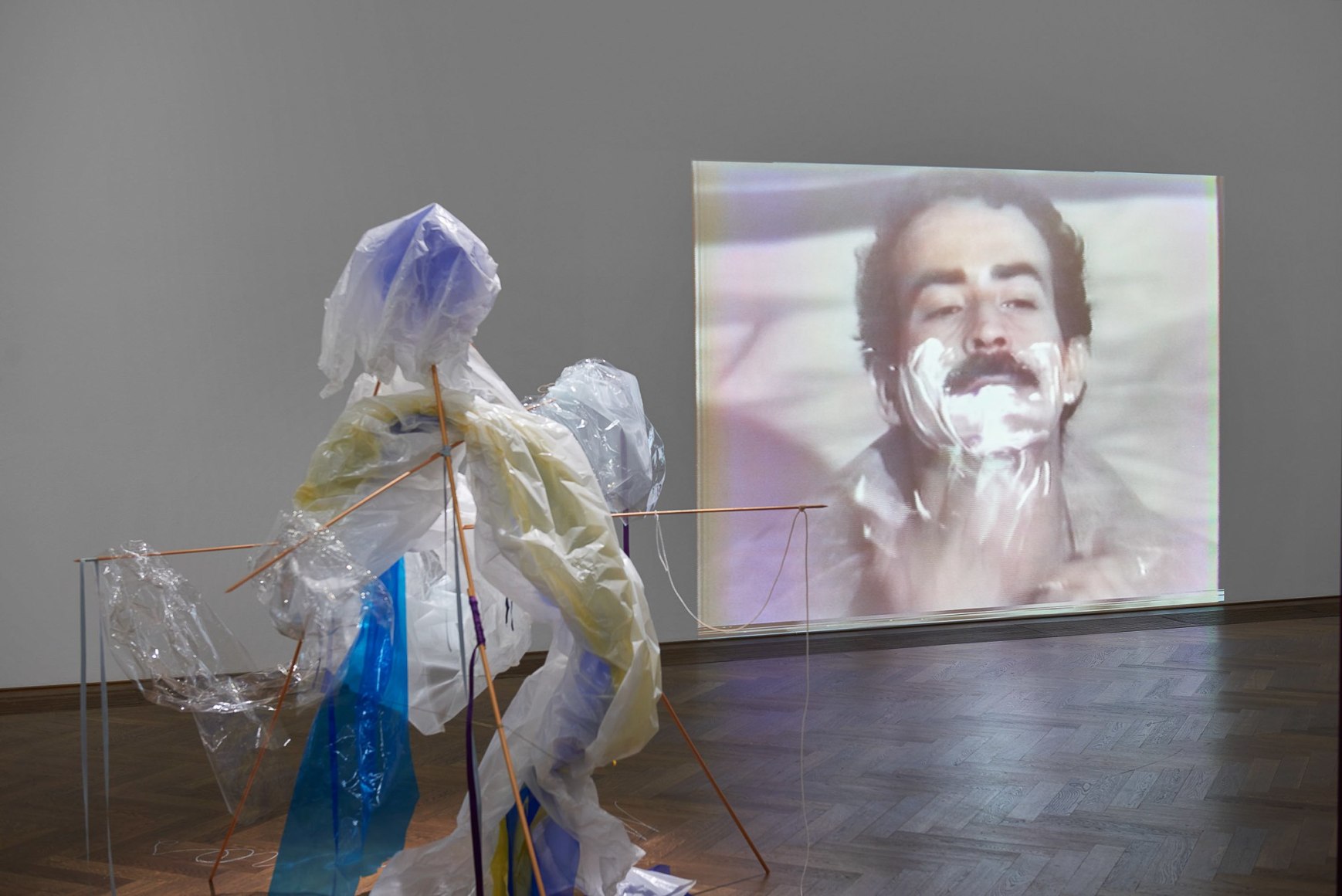 Installation view, Bizarre Silks, Private Imaginings and Narrative Facts, etc., an exhibition by Nick Mauss, view on (front) Rosemary Mayer, “reenactment” by Nick Mauss in collaboration with the Estate of Rosemary Mayer, February Ghosts (Monoceros, Auriga, and Orion), 1981/2020, and (back) Anton Perich, Victor Hugo Rojas, 1978, Kunsthalle Basel, 2020. Photo: Philipp Hänger / Kunsthalle Basel