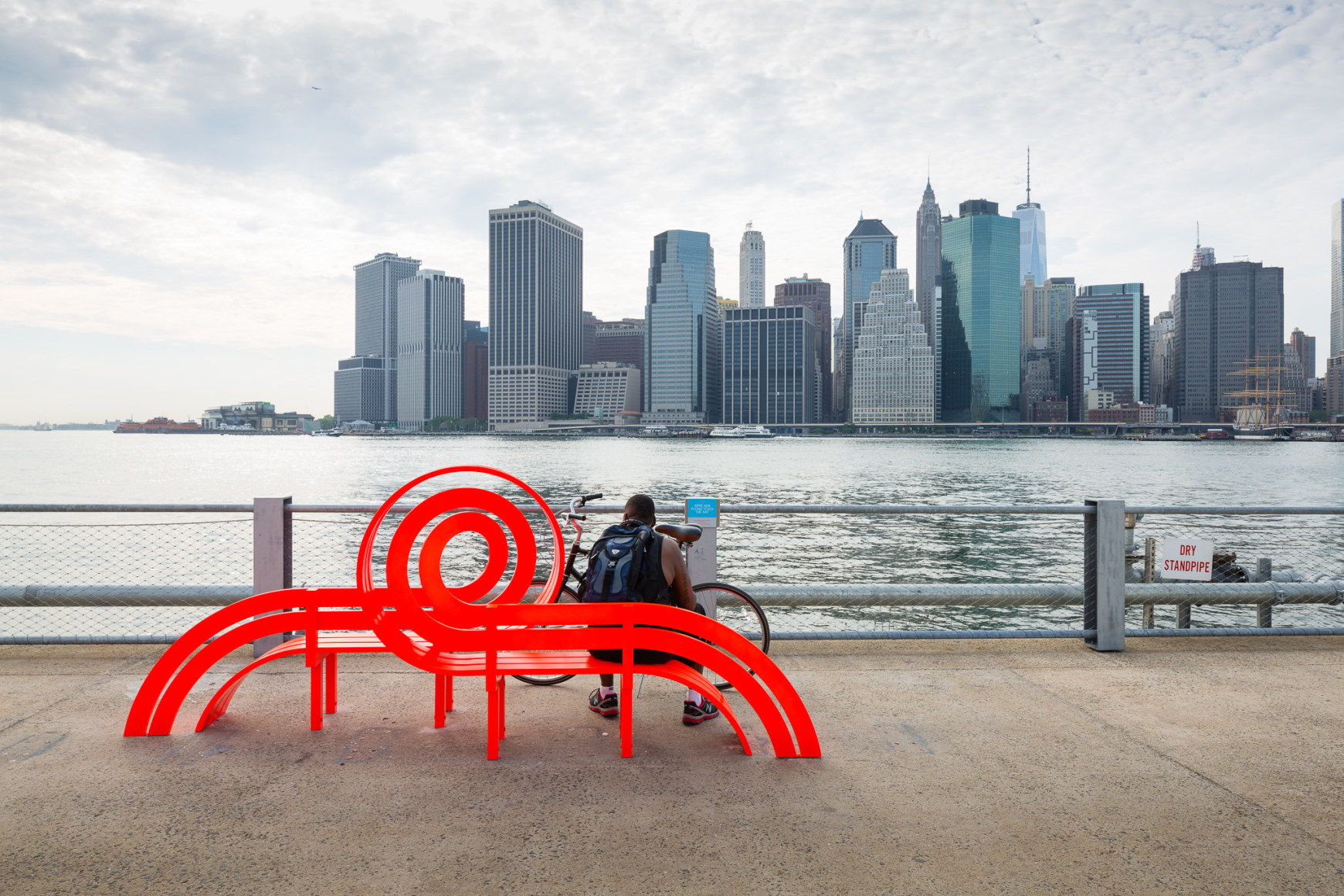 Jeppe Hein, Modified Social Bench NY #2, 2015, Installation view: Please Touch The Art. Brooklyn Bridge Park, 2015-16