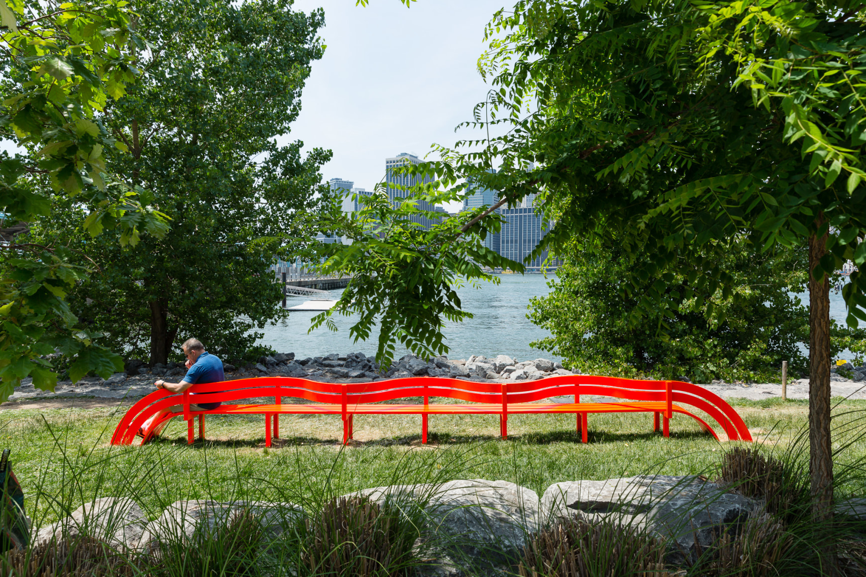 Jeppe Hein, Modified Social Bench NY #12, 2015, Installation view: Please Touch The Art. Brooklyn Bridge Park, 2015-16