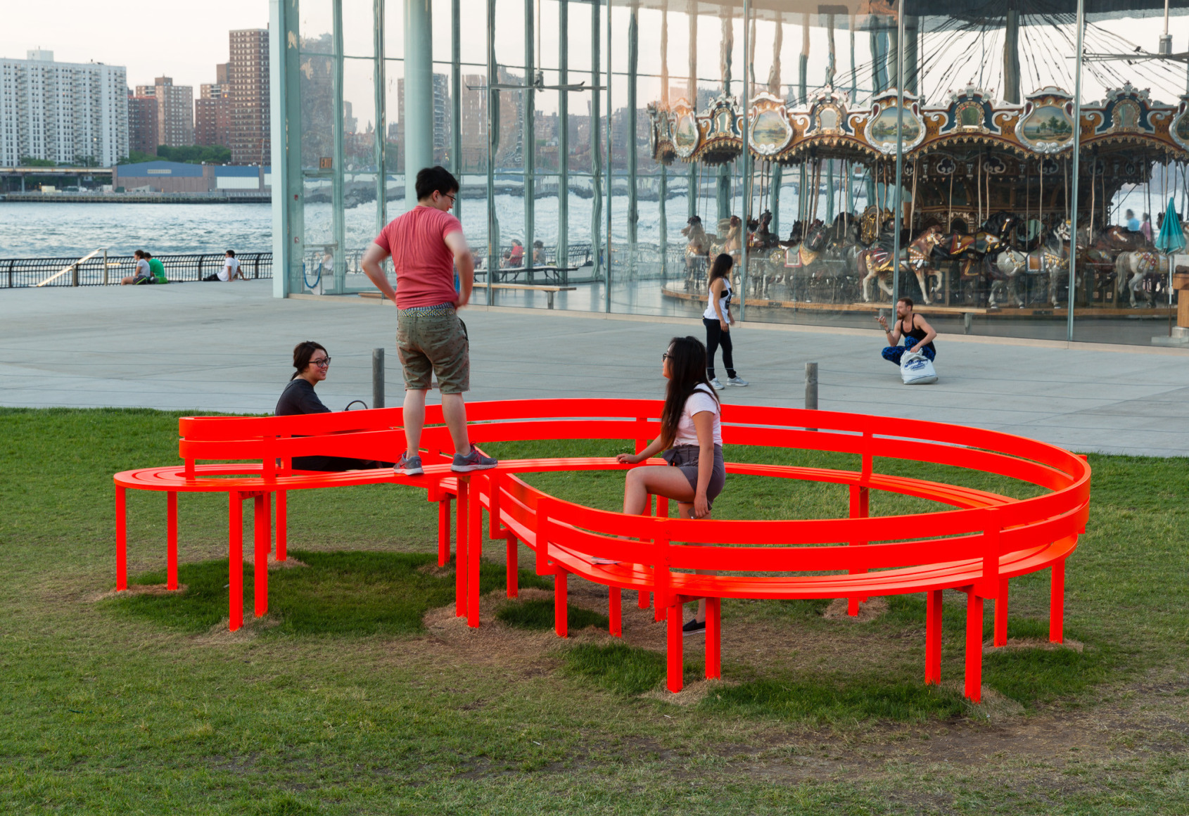 Jeppe Hein, Modified Social Bench NY #6, 2015, Installation view: Please Touch The Art. Brooklyn Bridge Park, 2015-16