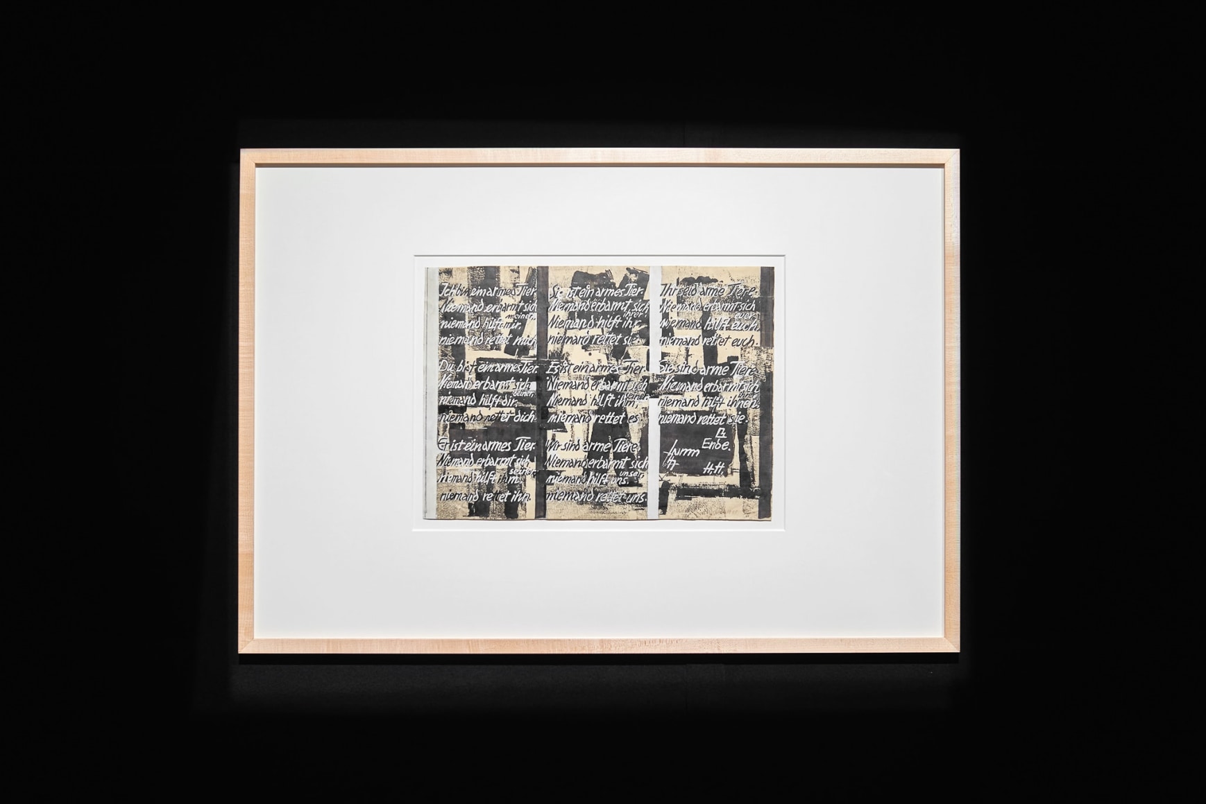 Installation view, Bizarre Silks, Private Imaginings and Narrative Facts, etc., an exhibition by Nick Mauss, view on Hannah Höch, Ich bin ein armes Tier, 1959, Kunsthalle Basel, 2020. Photo: Philipp Hänger / Kunsthalle Basel