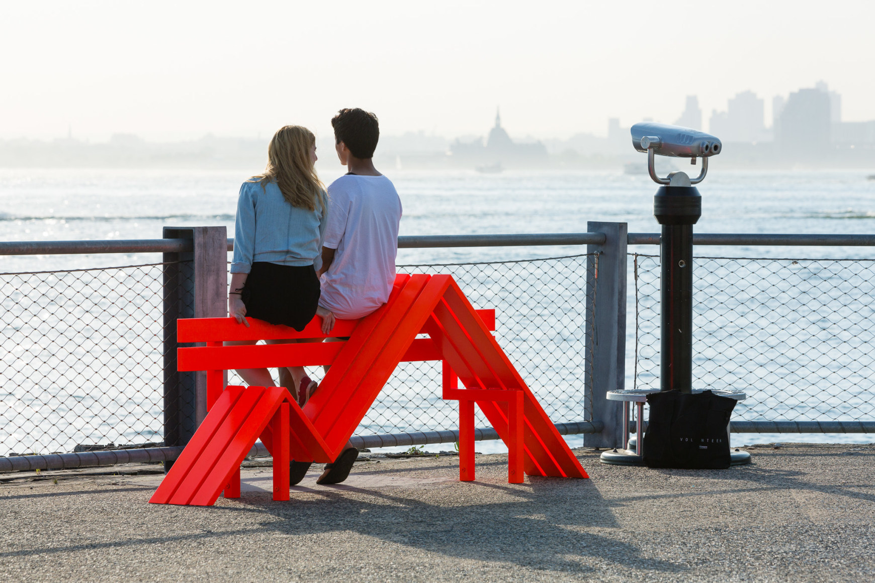 Jeppe Hein, Modified Social Bench NY #7, 2015, Installation view: Please Touch The Art. Brooklyn Bridge Park, 2015-16