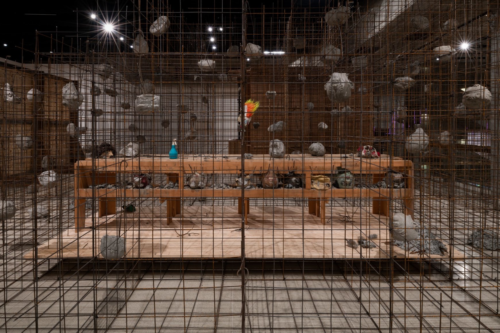 Installation view of Mike Nelson, Studio Apparatus for Kunsthalle Münster - A Thematic Instalment Observing the Calendrical Celebration of its Inception: Introduction; towards a linear understanding of notoriety, power, and their interconnectedness; futurobjecs (misspelt);mysterious island* *see introduction or Barothic shift, 2014. Various materials. Photo: Matt Greenwood., Courtesy the artist and the Hayward Gallery.
