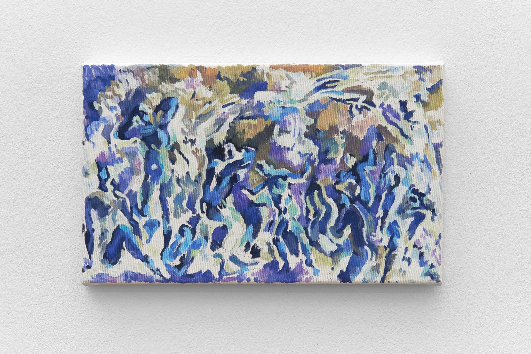 Installation view, Bizarre Silks, Private Imaginings and Narrative Facts, etc., an exhibition by Nick Mauss, view on Megan Francis Sullivan, Study of Bathers, 1902, Private Collection (Inverted), 2017, Kunsthalle Basel, 2020. Photo: Philipp Hänger / Kunsthalle Basel