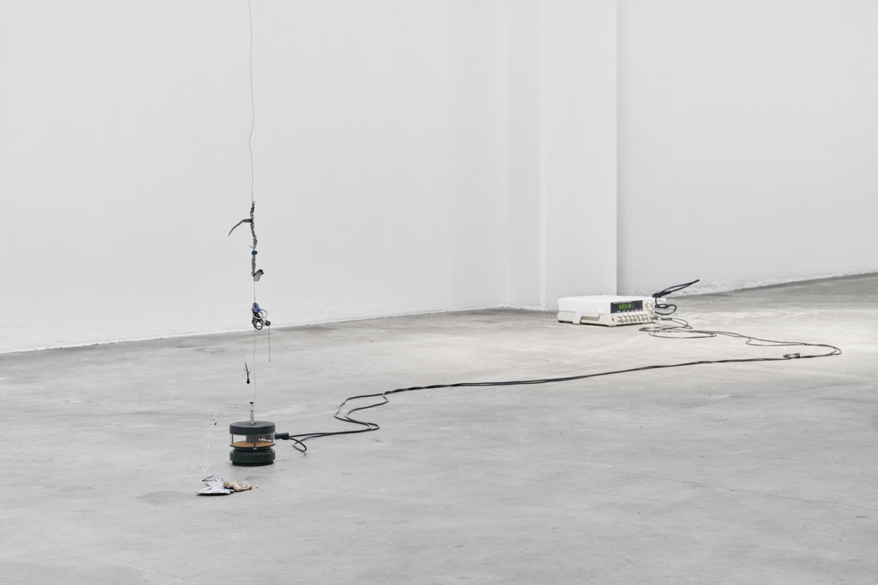 Installation view, Nina Canell, Future Mechanism Rag Plus Two Grams, Simian, Cophenhagen, 2024. Photo: GRAYSC / Simian