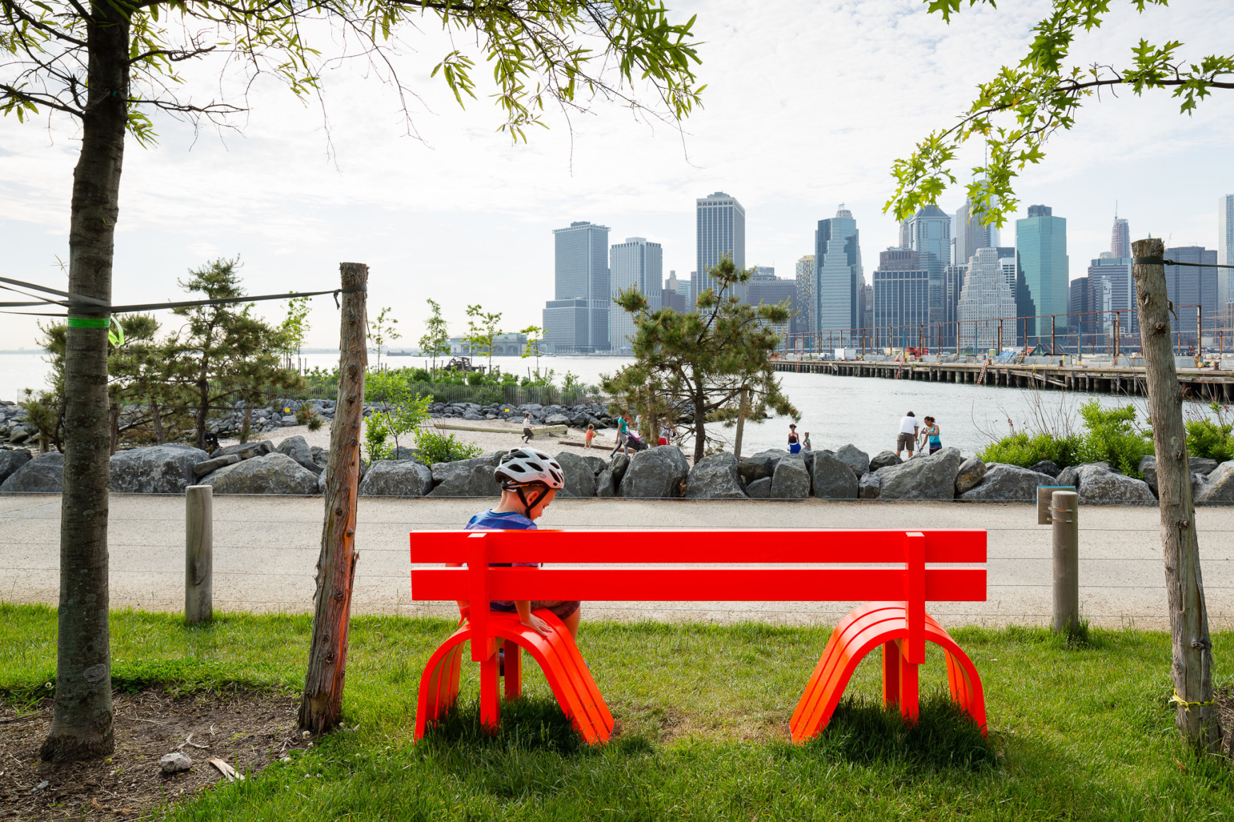 Jeppe Hein, Modified Social Bench NY #16, 2015, Installation view: Please Touch The Art. Brooklyn Bridge Park, 2015-16