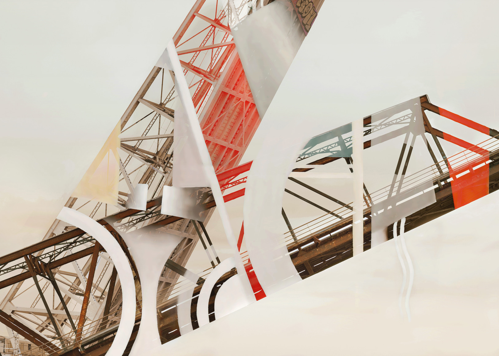 Digital photocollage of a drawbridge with circular abstractions overlaid