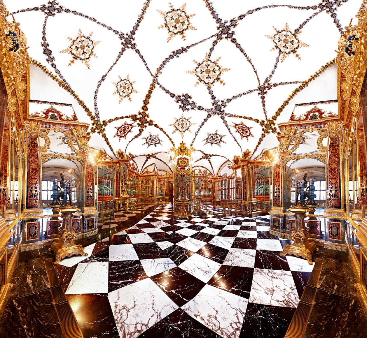 Distorted multi-point view of a color panoramic photo showing a baroque jewel room with a checkered floor fleur de lis decorated ceilings.