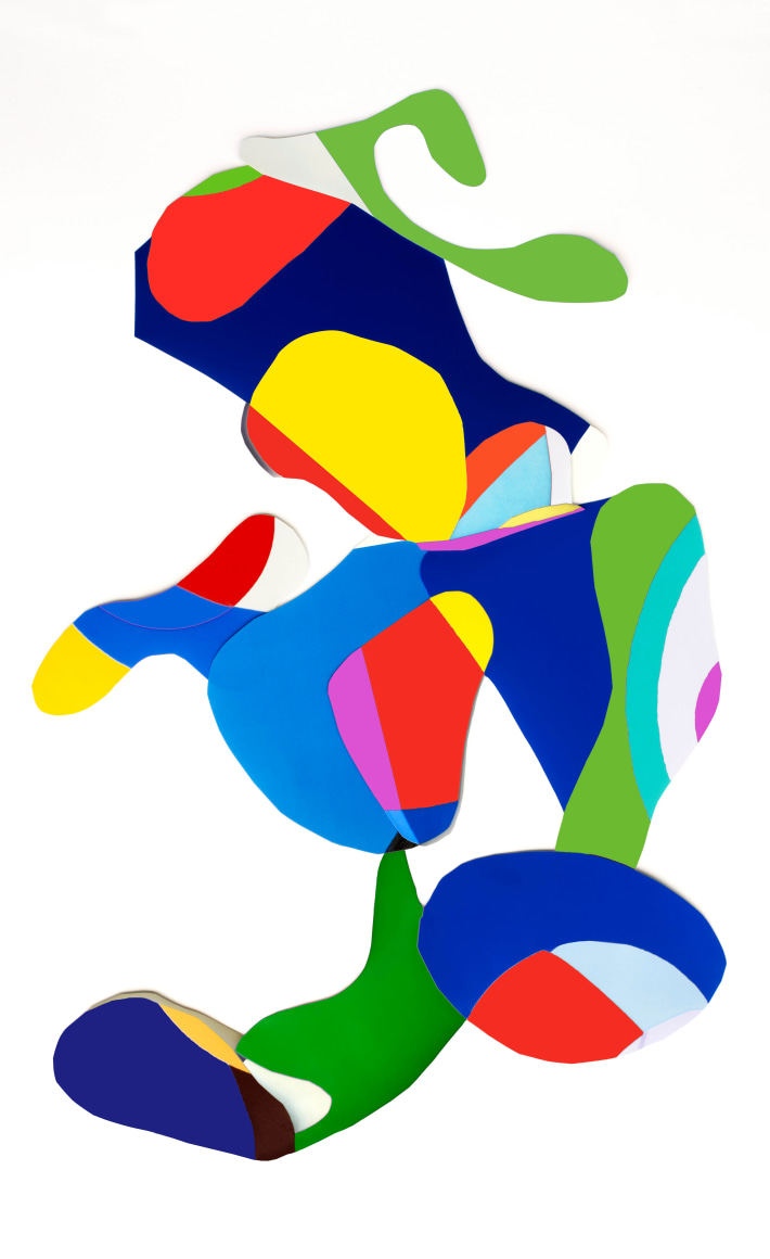 Colorful abstract collage of biomorphic shapes on a white background