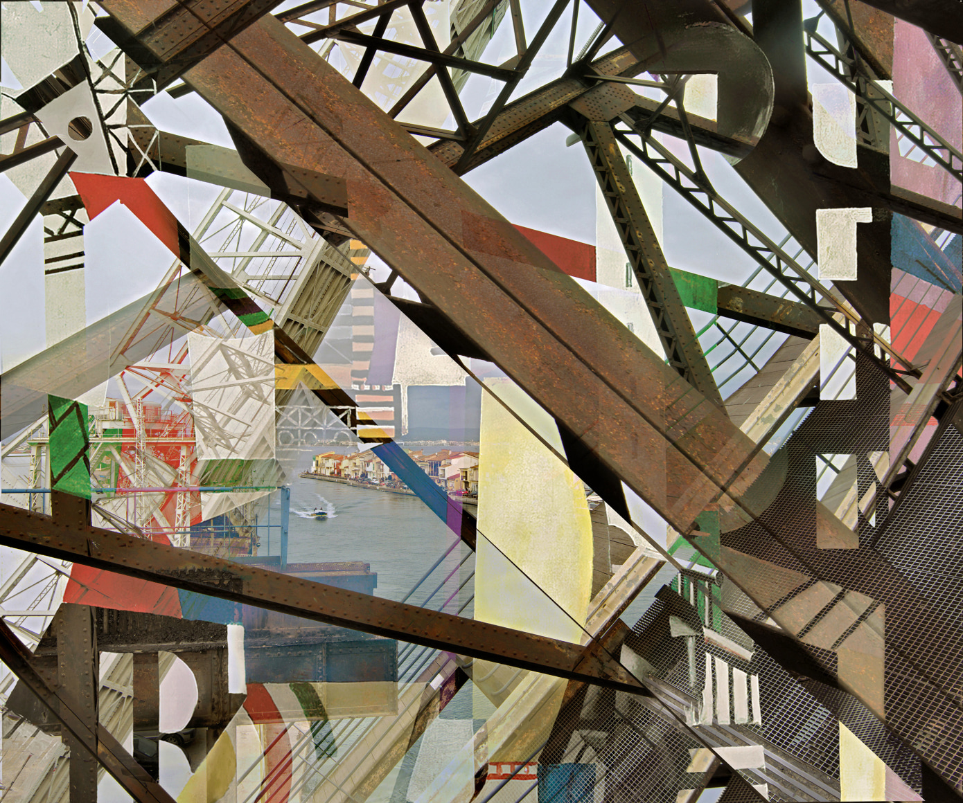 Colorful photocollage of painted elements superimposed over stell girders with a large shipping port in the background