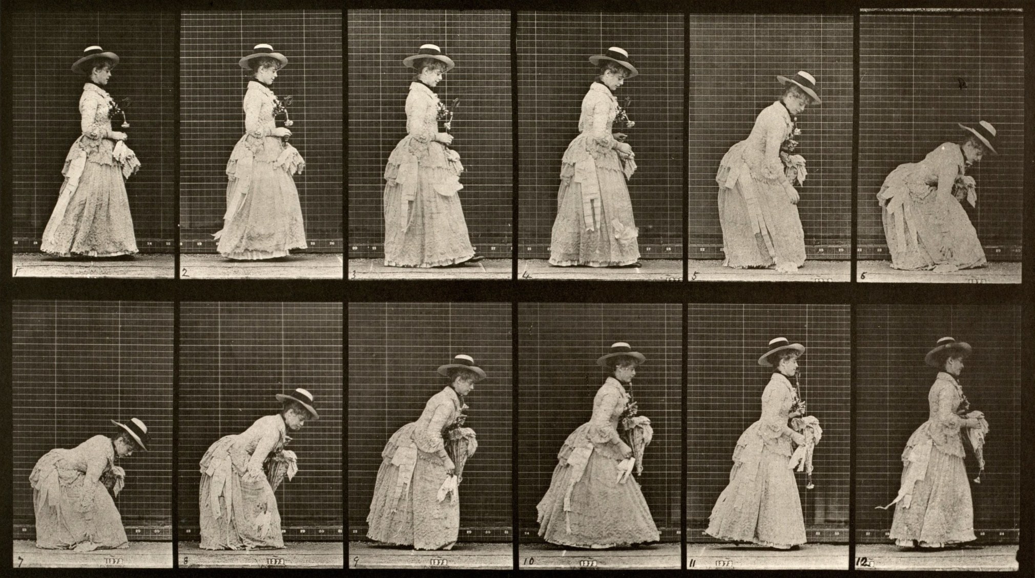 Series of black and white image of a woman in 19th century dress bending down to pick up her handkerchief