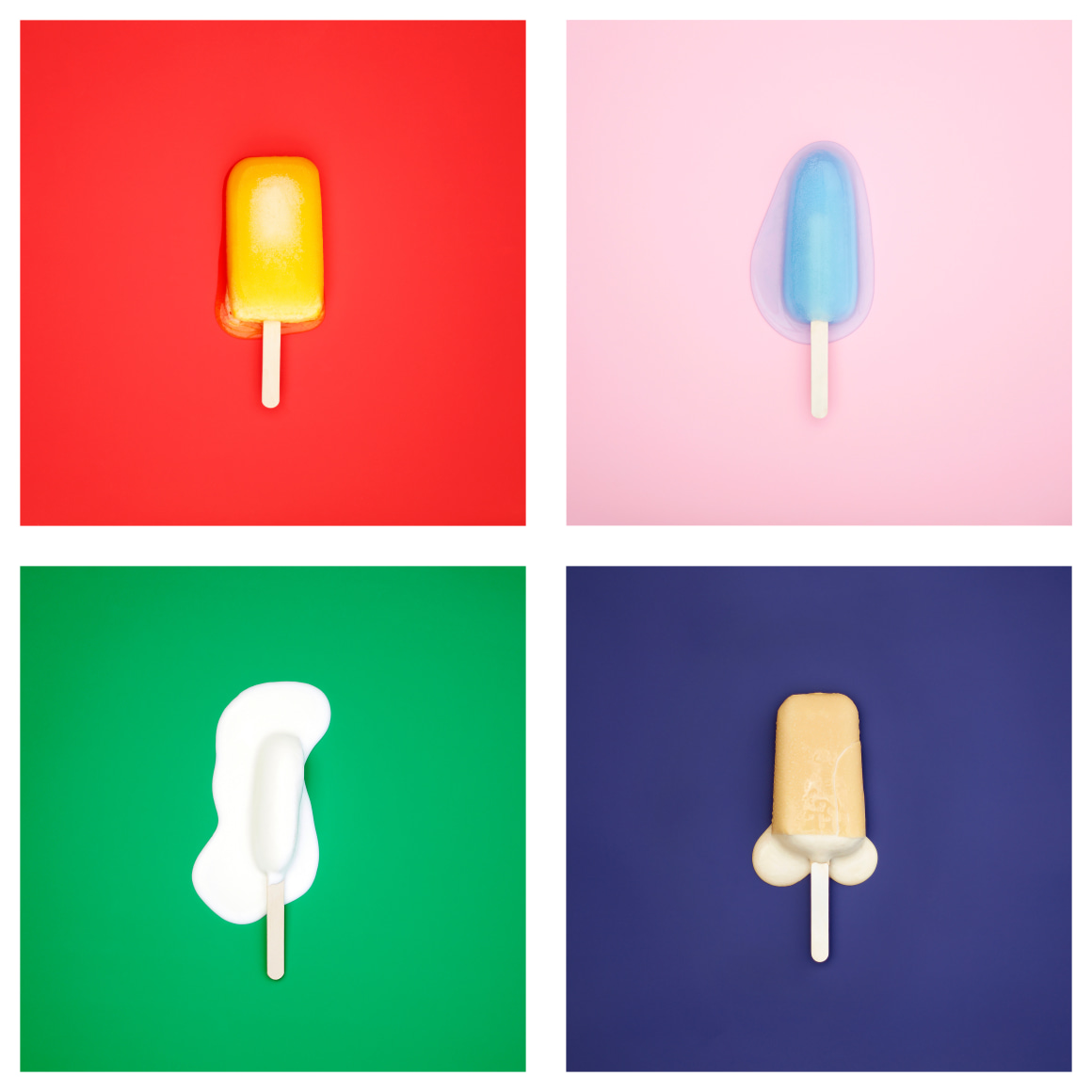 Color photos of four popsicles melting on brightly colored backgrounds