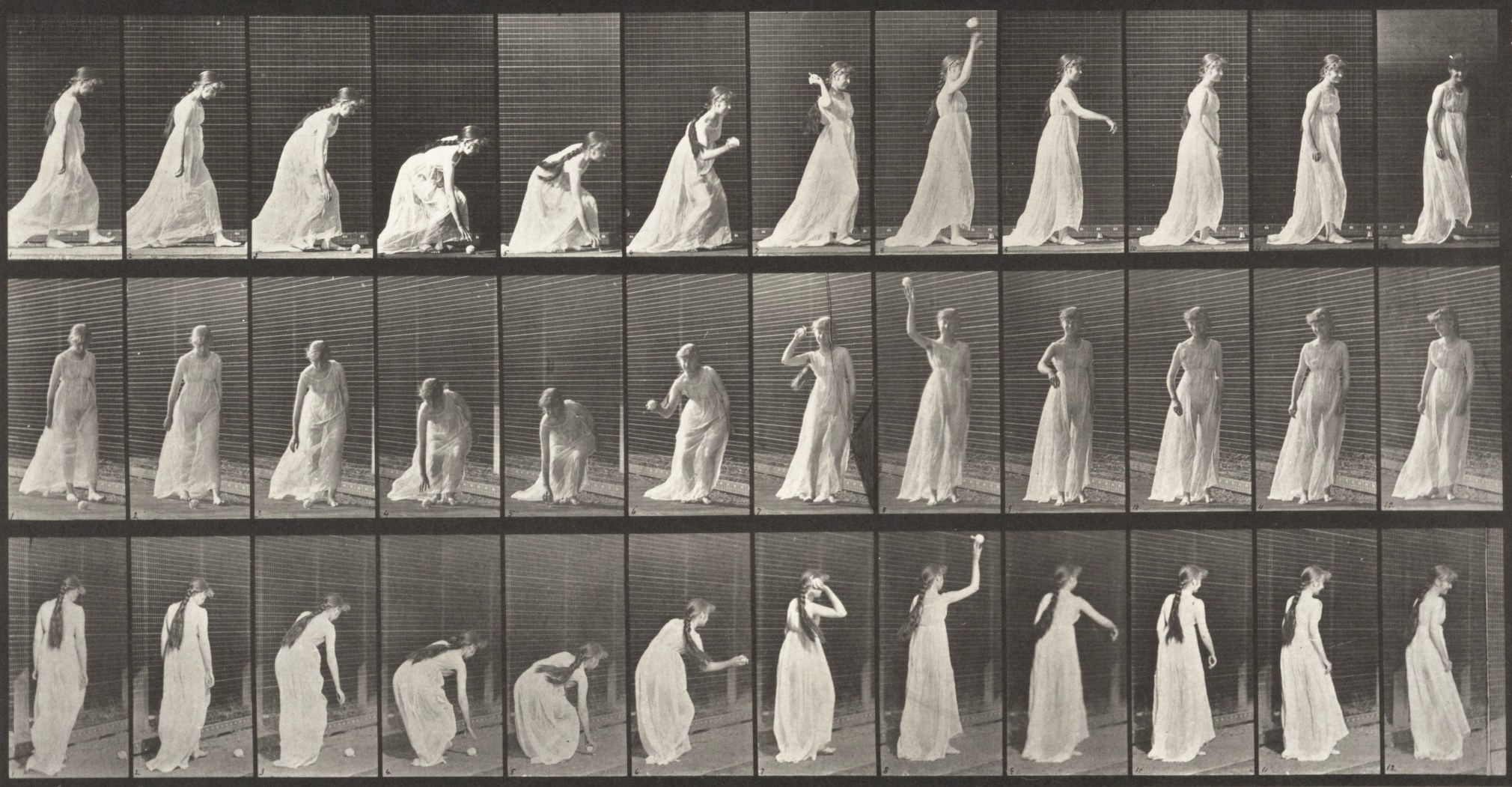 Series of black and white photographs showing he motions of a woman in 19th century dress picking uo a ball and throwing it.