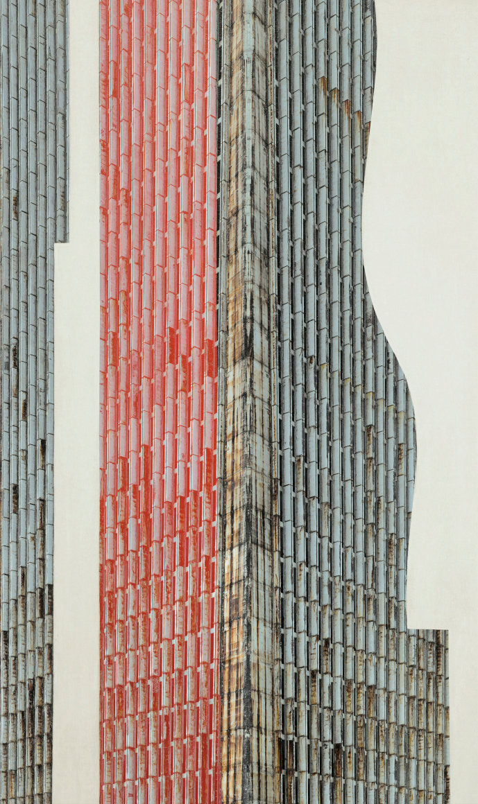 Digital photocollage of a skyscraper with abstract color and pattern overlaid.