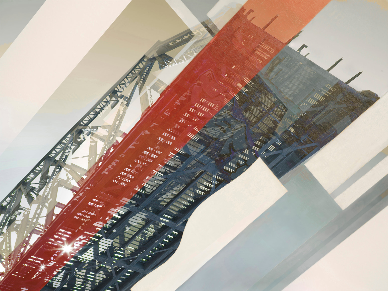 Digital hotocollage of a view of a bridge seen from underneath, with eh sun shining though, with abstract elements overlaid.