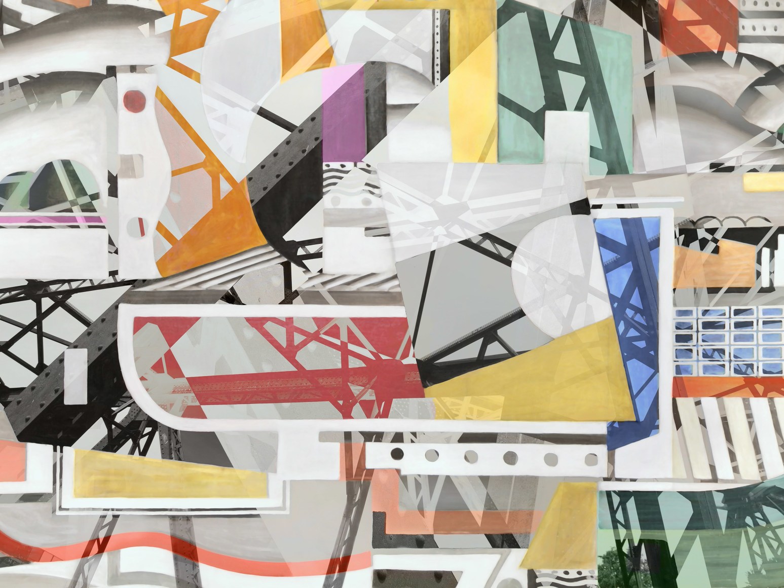 Colorful photocollage of painted elements superimposed over steel girders