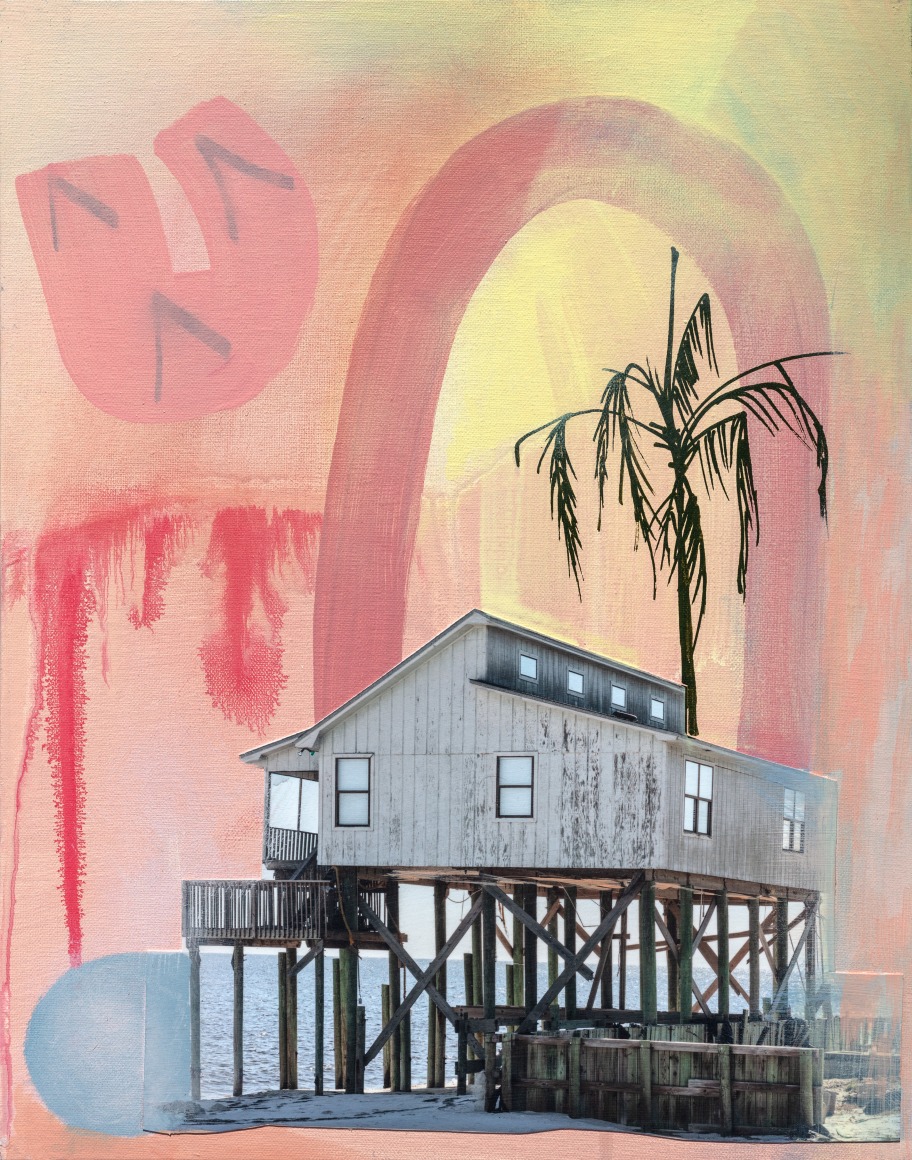 Collaged color photograph of a coastal house on stilts, with a palm tree and pink painted background.