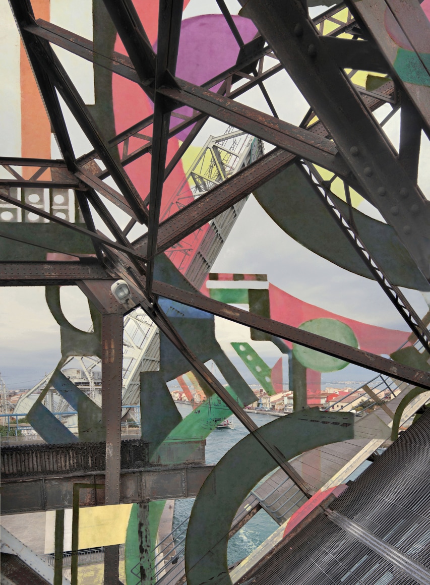 Colorful photocollage of painted elements superimposed over steel girders with a large shipping port in the background