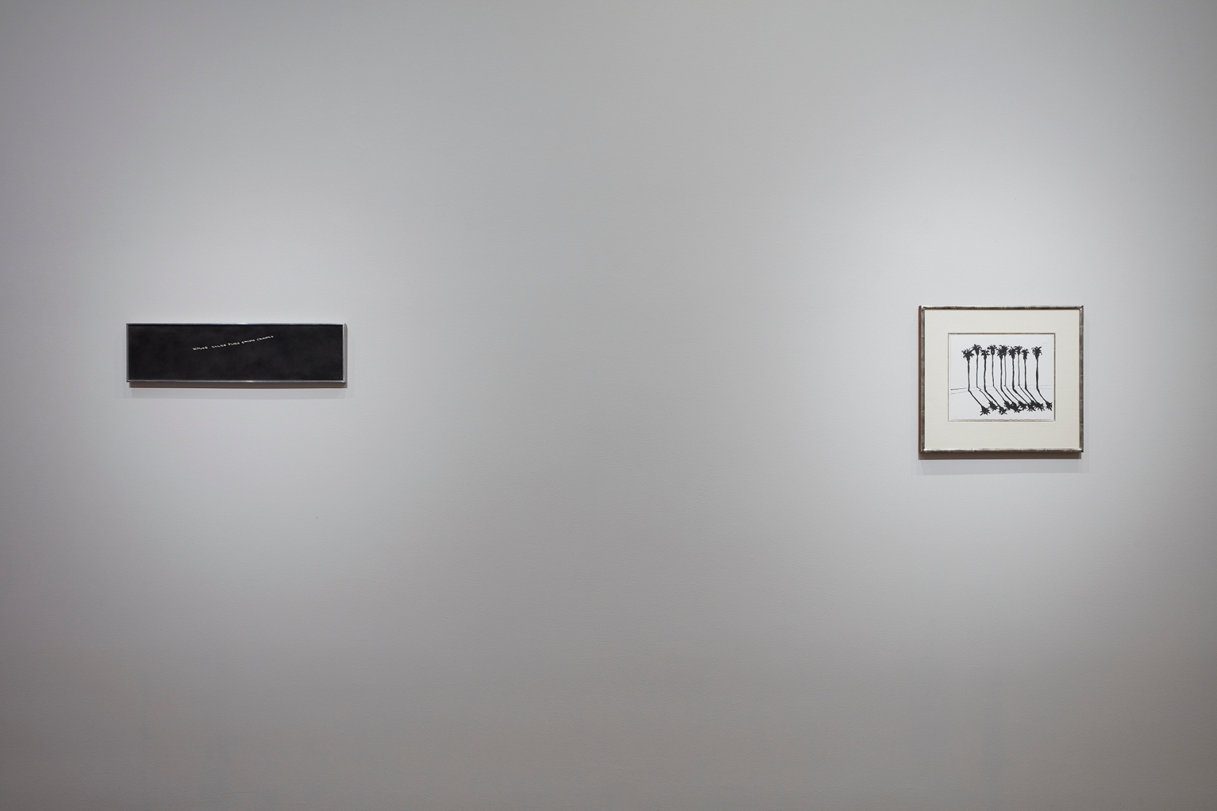 Installation view of Masterworks: From Bonnard to Barceló, on view at Acquavella Galleries in New York, Winter 2024.   Left to right: Ed Ruscha, Walks Talks Flies Swims Crawls (1973); Wayne Thiebaud Palm Road (1965).