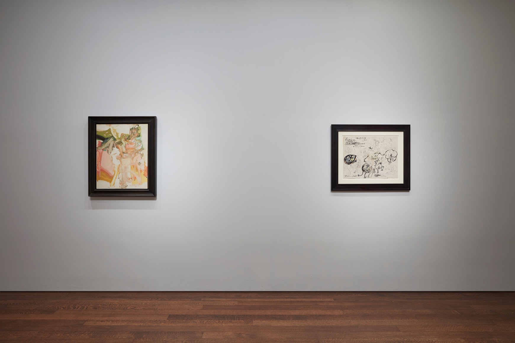 Installation view of Masterworks: From Bonnard to Barceló, on view at Acquavella Galleries in New York, Winter 2024.   Left to right: Willem de Kooning, Wading Woman (1965); Jackson Pollock, The Effort of the Dance (c. 1943).