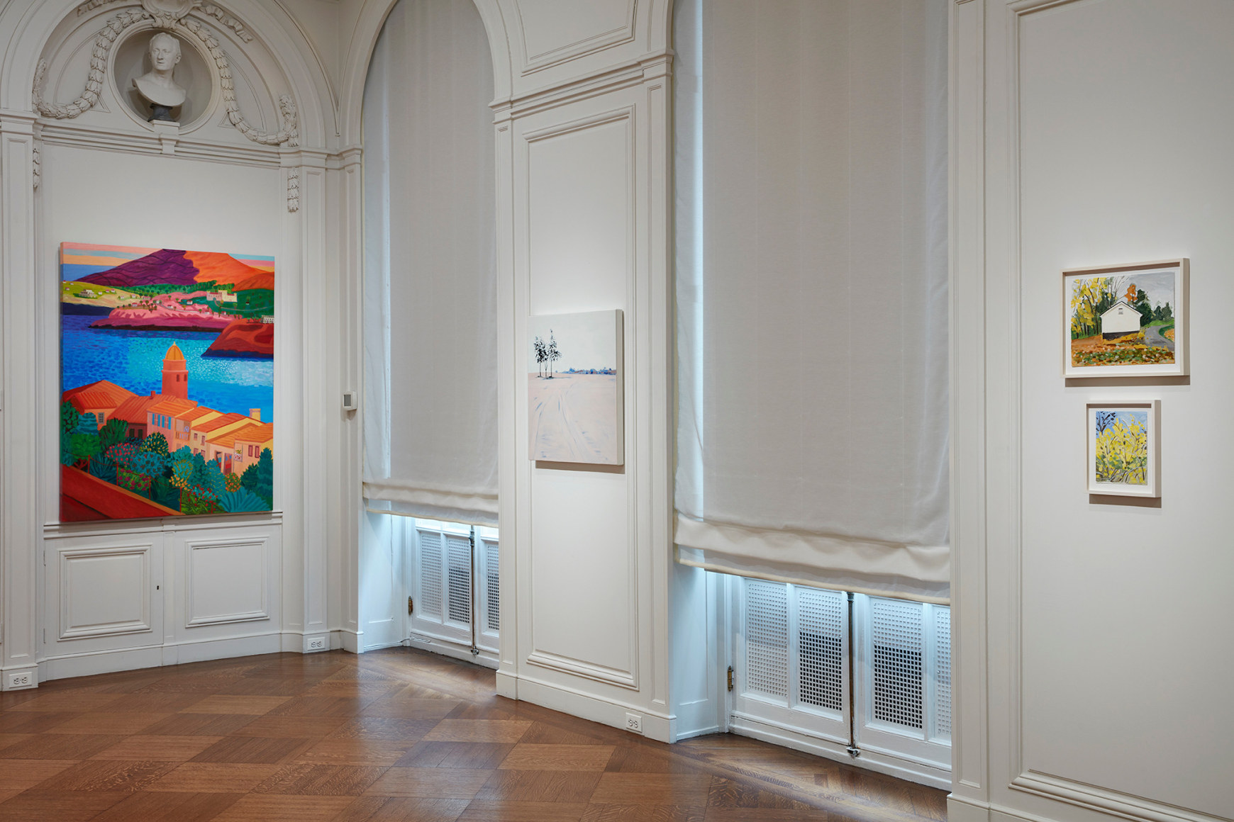 Works by Daniel Heidkamp, Isca Greenfield-Sanders, and Maureen Gallace on view in Unnatural Nature: Post-Pop Landscapes, on view in the New York gallery April 21 - June 10, 2022.  Installation view by Kent Pell.